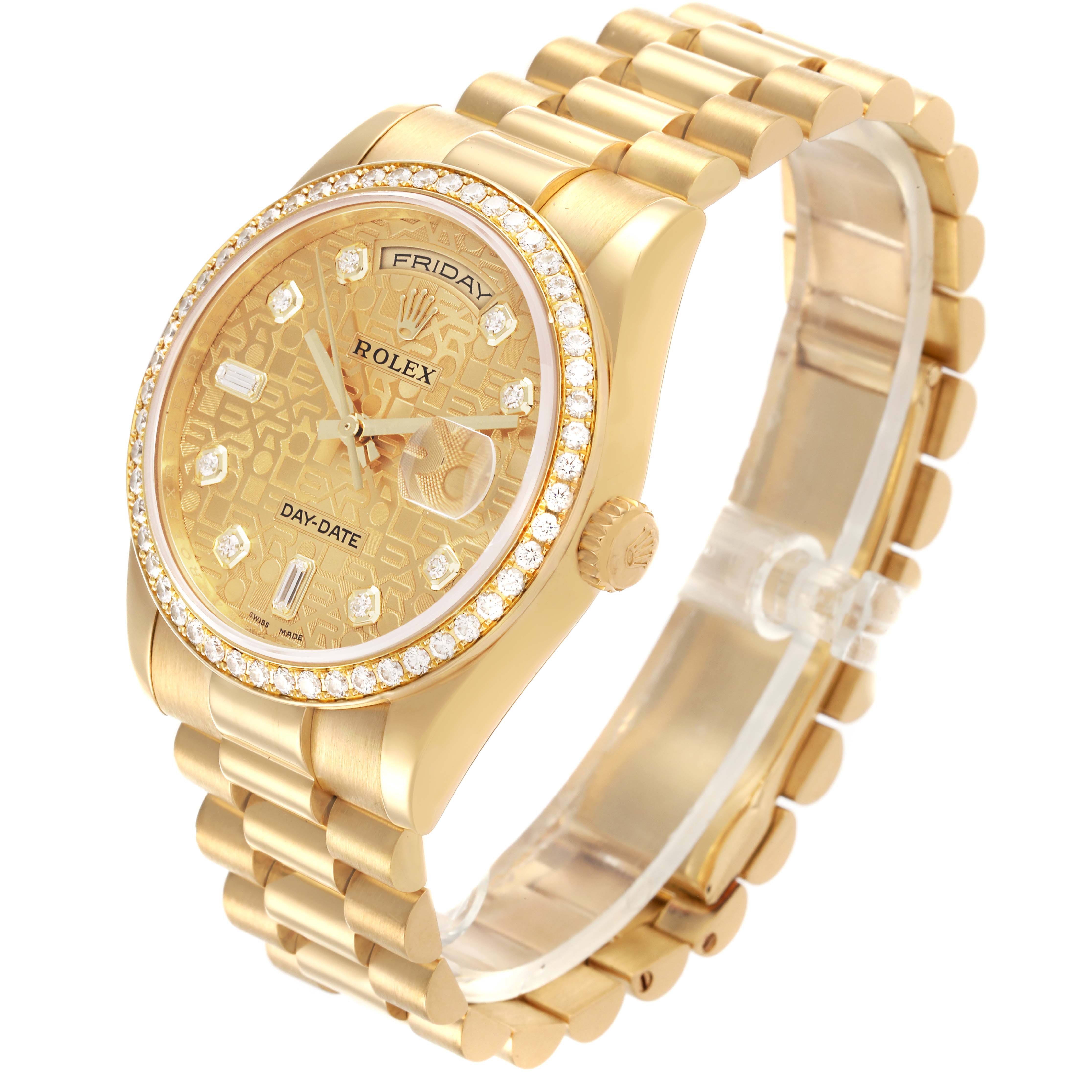 The Rolex President 118348 Men's Yellow Gold Champagne Dial 118348 Men's Yellow Gold Champagne Dial model watch is shown at a three-quarter angle, displaying the face, bracelet, and crown.
