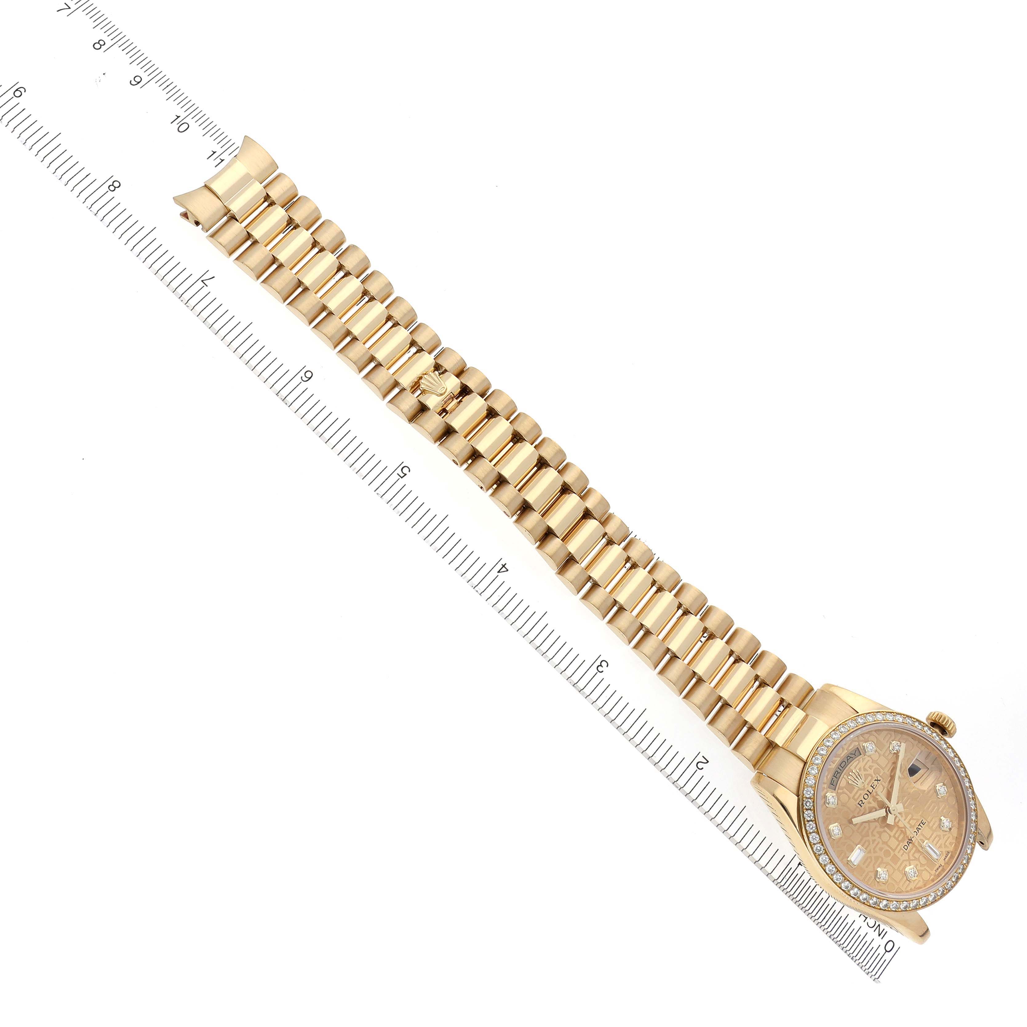 The image shows a Rolex President 118348 Men's Yellow Gold Champagne Dial 118348 Men's Yellow Gold Champagne Dial watch at an angle, displaying its bracelet and diamond bezel.