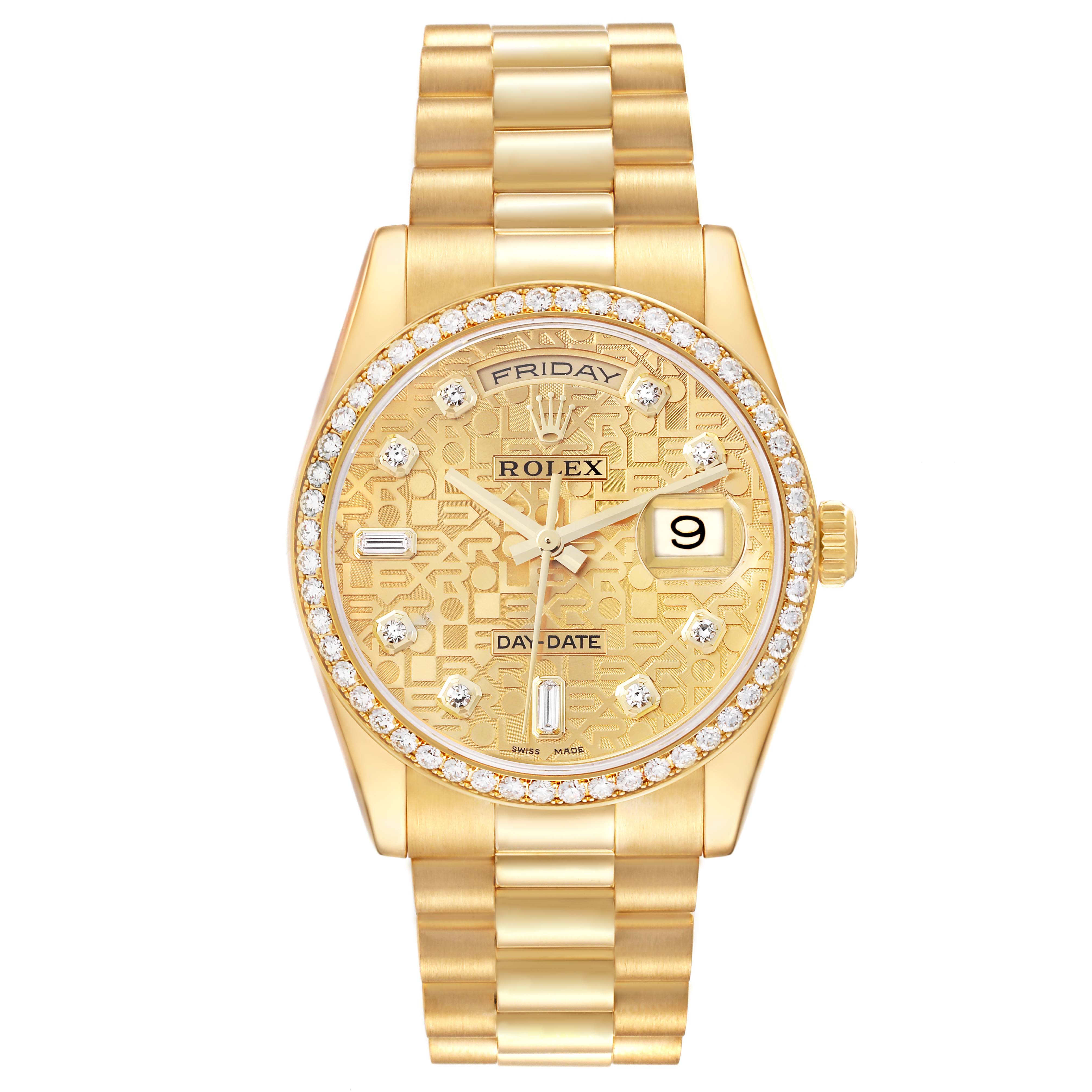 The Rolex President 118348 Men's Yellow Gold Champagne Dial 118348 Men's Yellow Gold Champagne Dial model watch is shown from a front angle, displaying the dial, bezel, and full bracelet.