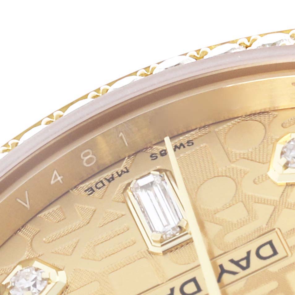 The image shows a close-up of the dial and diamond markers on the Rolex President 118348 Men's Yellow Gold Champagne Dial 118348 Men's Yellow Gold Champagne Dial watch.