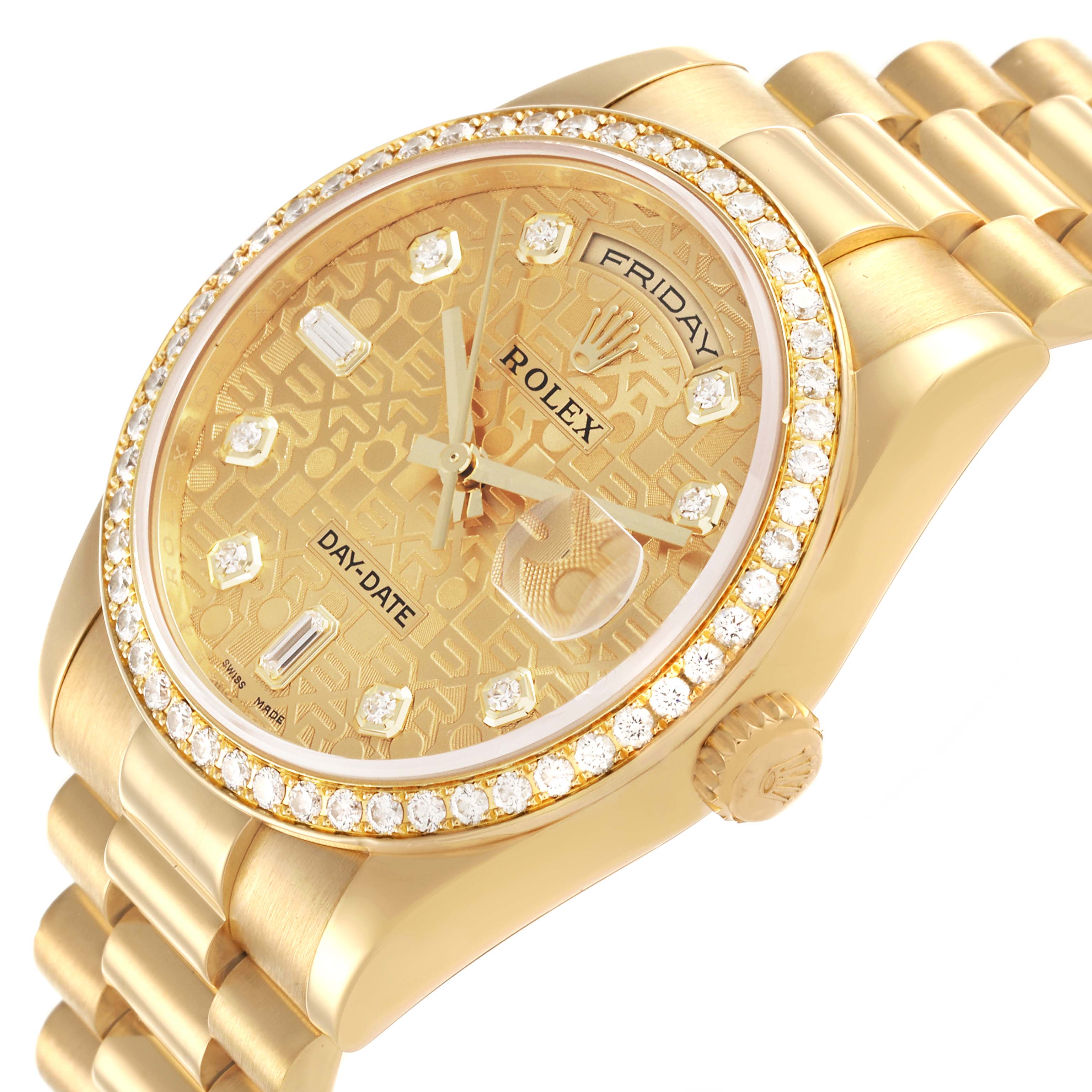 The Rolex President 118348 Men's Yellow Gold Champagne Dial 118348 Men's Yellow Gold Champagne Dial model watch is shown at an angled top view, highlighting the face, bezel, and part of the band.