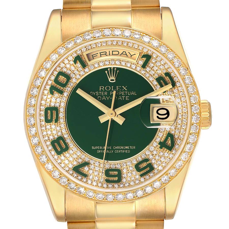 The Rolex President 118348 Men's Yellow Gold Green Dial model is shown from the front, highlighting the green dial, diamond bezel, and gold bracelet.