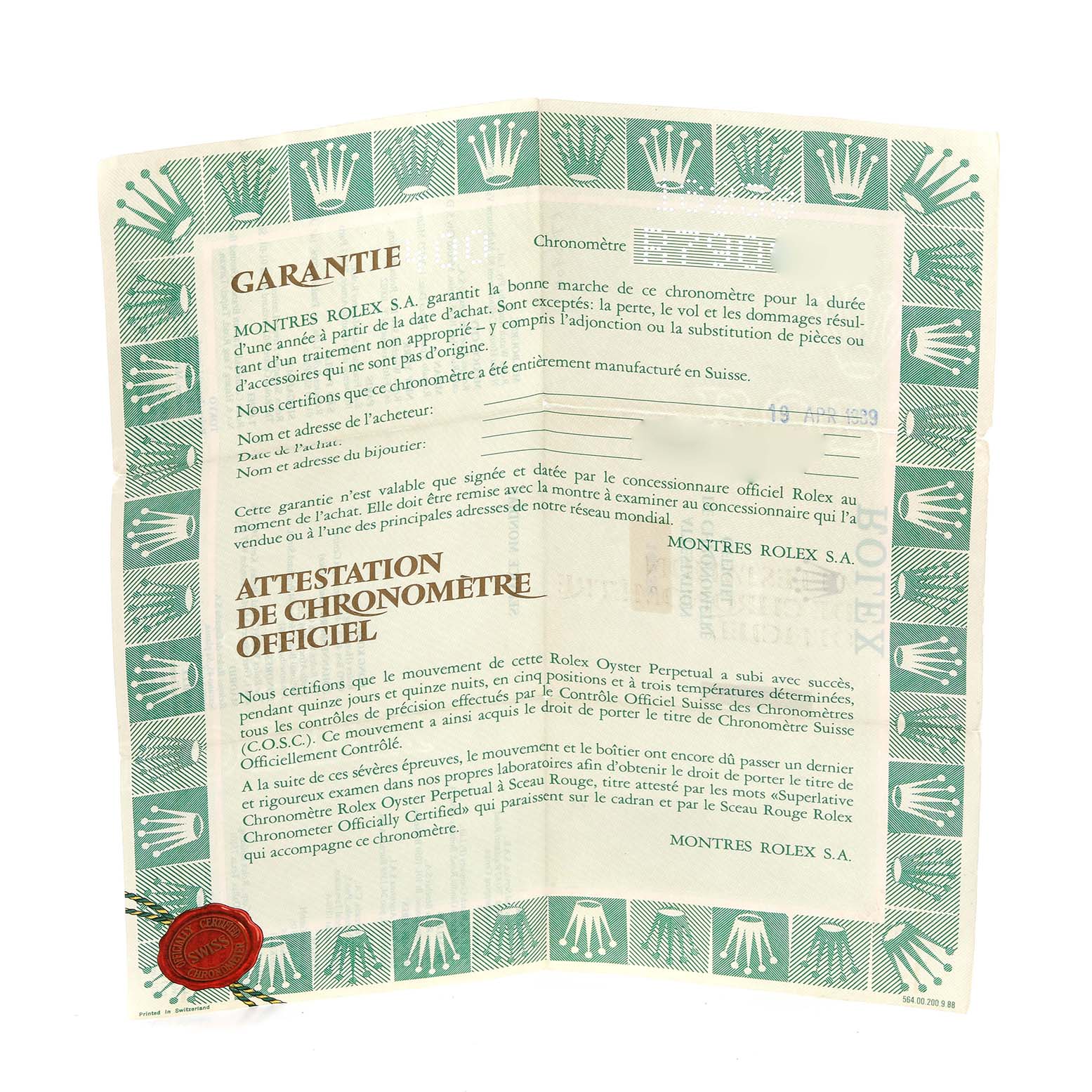 This image shows a guarantee document for the Rolex President 18238 Men
s Yellow Gold Red Dial 18238 Men
s Yellow Gold Red Dial model watch, featuring the signature green border and crown logos.