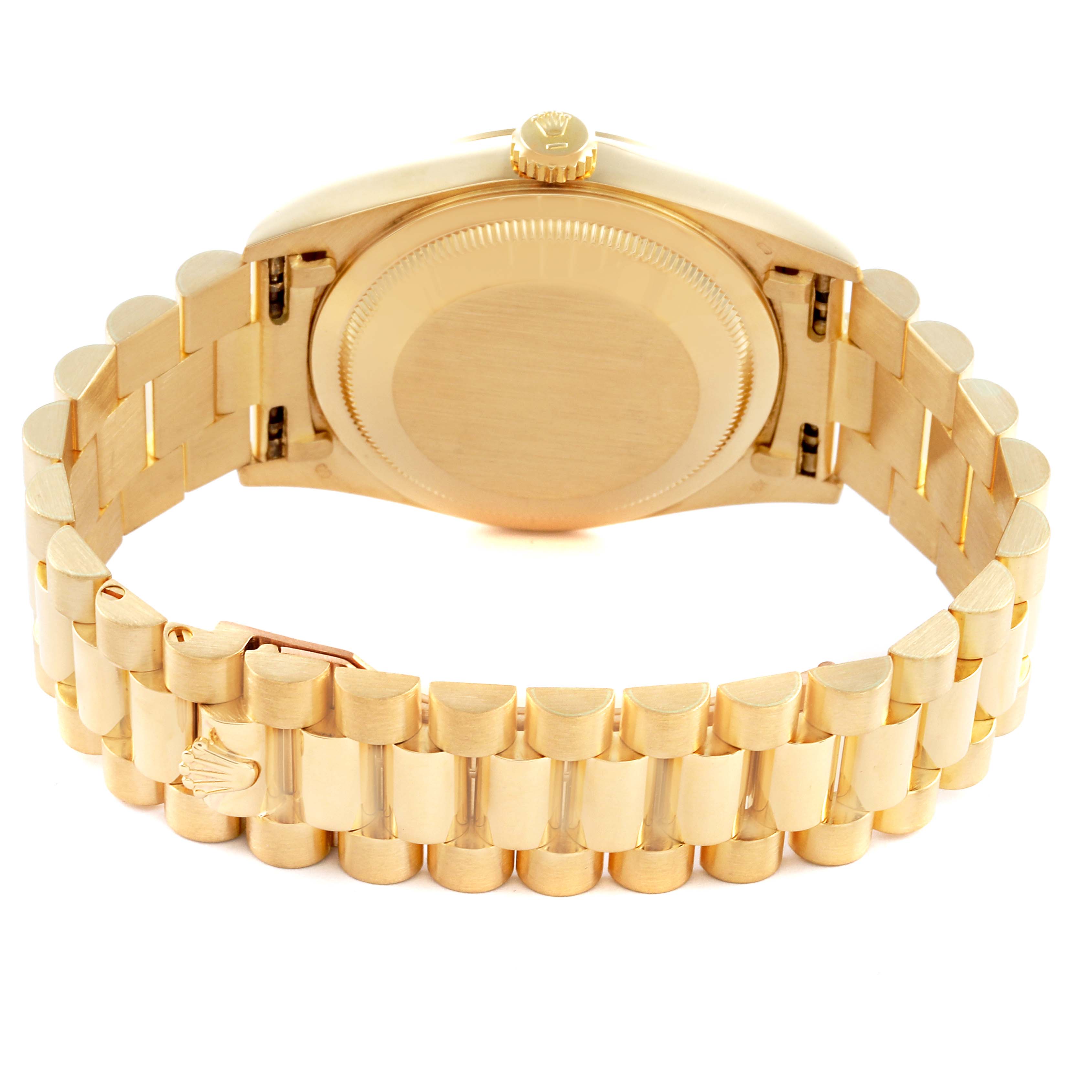 The Rolex President 18238 Men
s Yellow Gold Red Dial 18238 Men
s Yellow Gold Red Dial model is shown from the back, highlighting the bracelet and caseback.