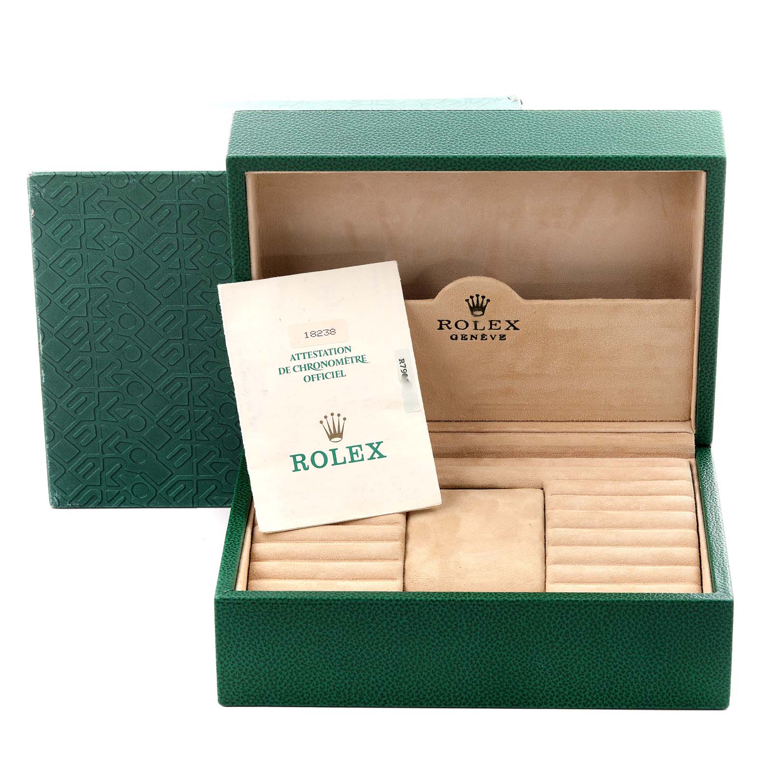 The image shows the open box and documentation for a Rolex President 18238 Men
s Yellow Gold Red Dial 18238 Men
s Yellow Gold Red Dial model watch, with no watch visible.