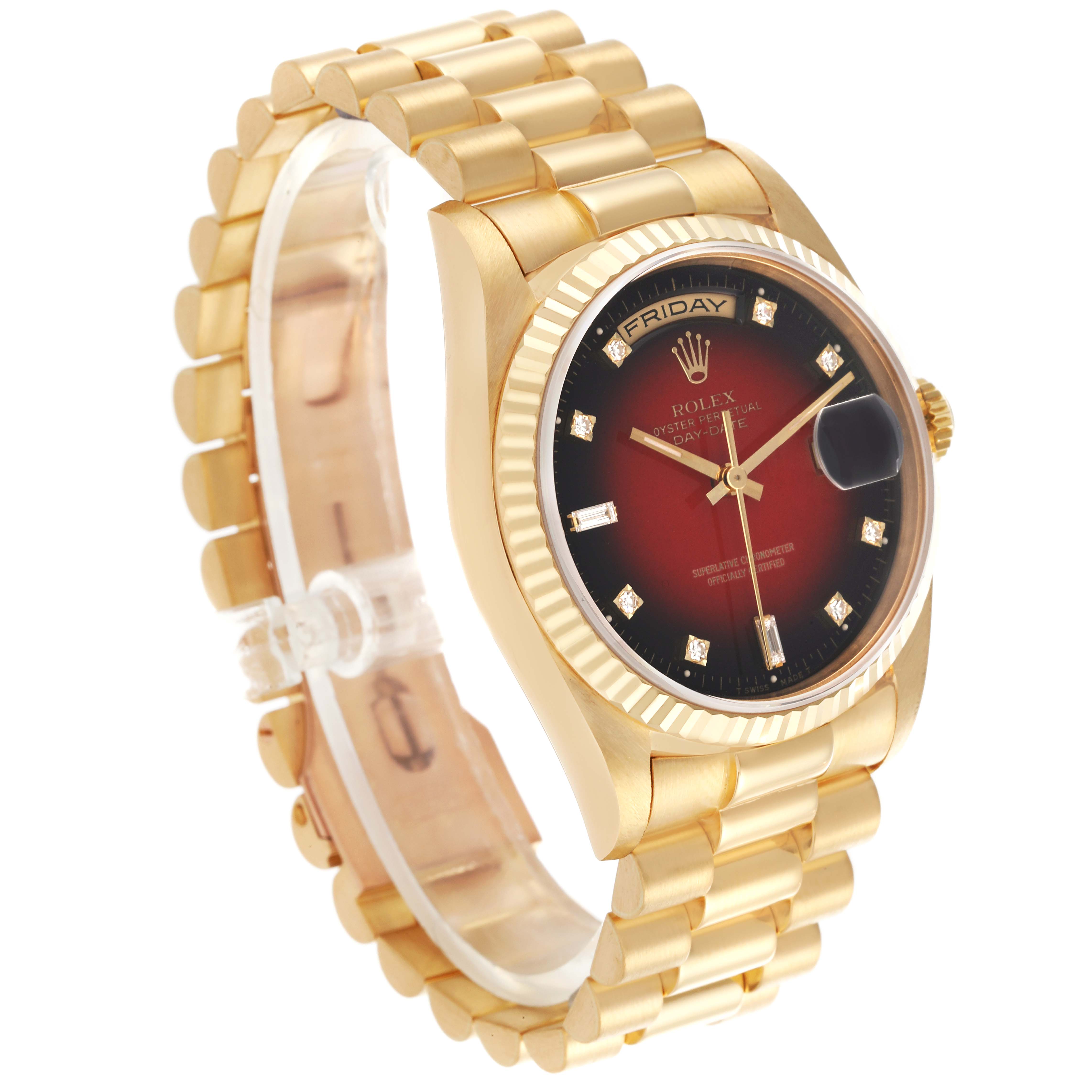 The Rolex President 18238 Men
s Yellow Gold Red Dial 18238 Men
s Yellow Gold Red Dial model is shown from a three-quarter angle, highlighting the gold bracelet, case, and dial.