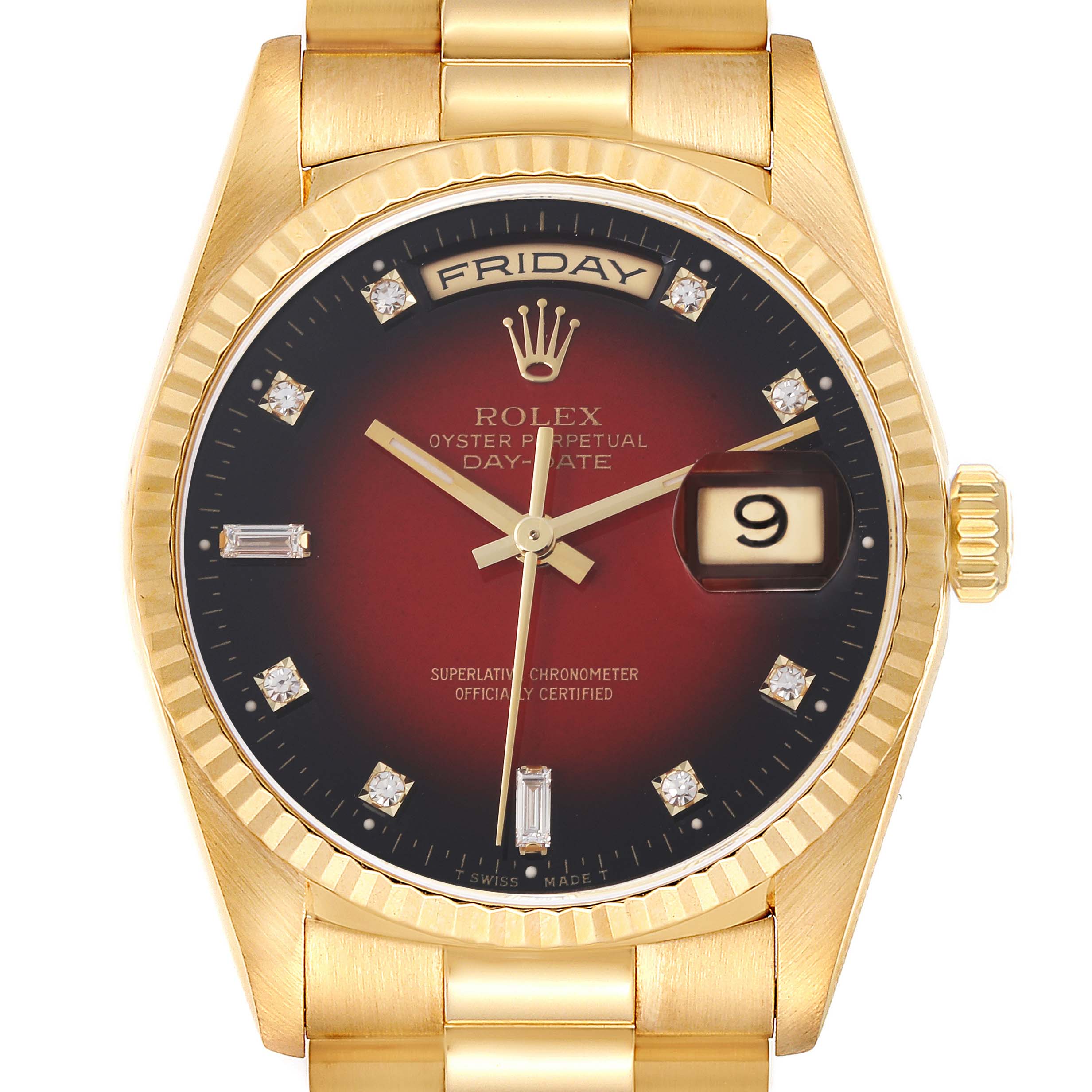 The image shows a front view of the Rolex President 18238 Men
s Yellow Gold Red Dial 18238 Men
s Yellow Gold Red Dial model, displaying the bezel, dial, day, and date features.