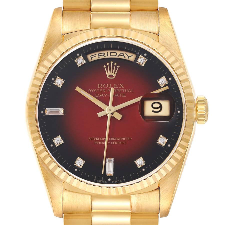 The image shows a front view of the Rolex President model, displaying the bezel, dial, day, and date features.