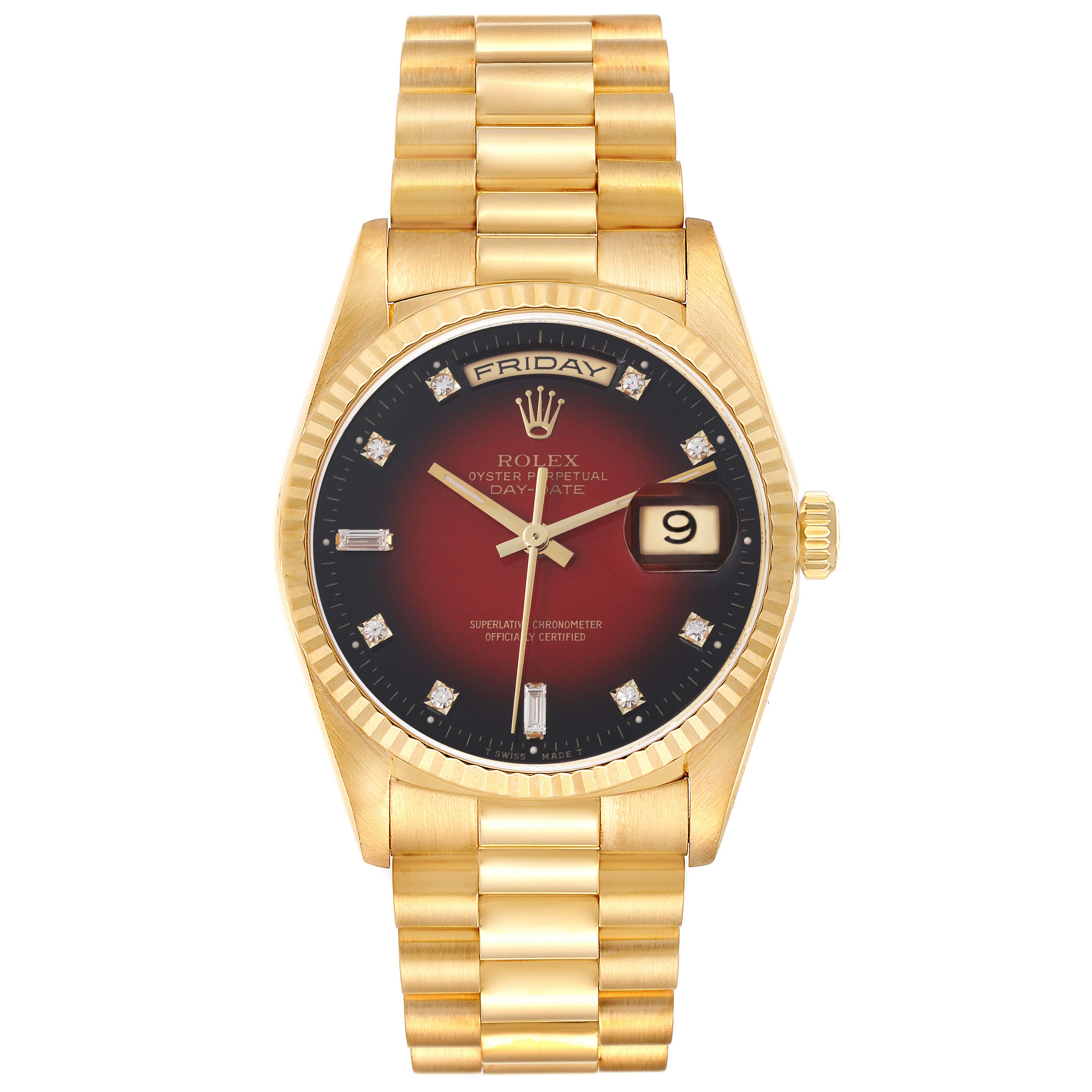 The Rolex President 18238 Men
s Yellow Gold Red Dial 18238 Men
s Yellow Gold Red Dial model is shown from the front, displaying the entire watch face, bezel, and bracelet.
