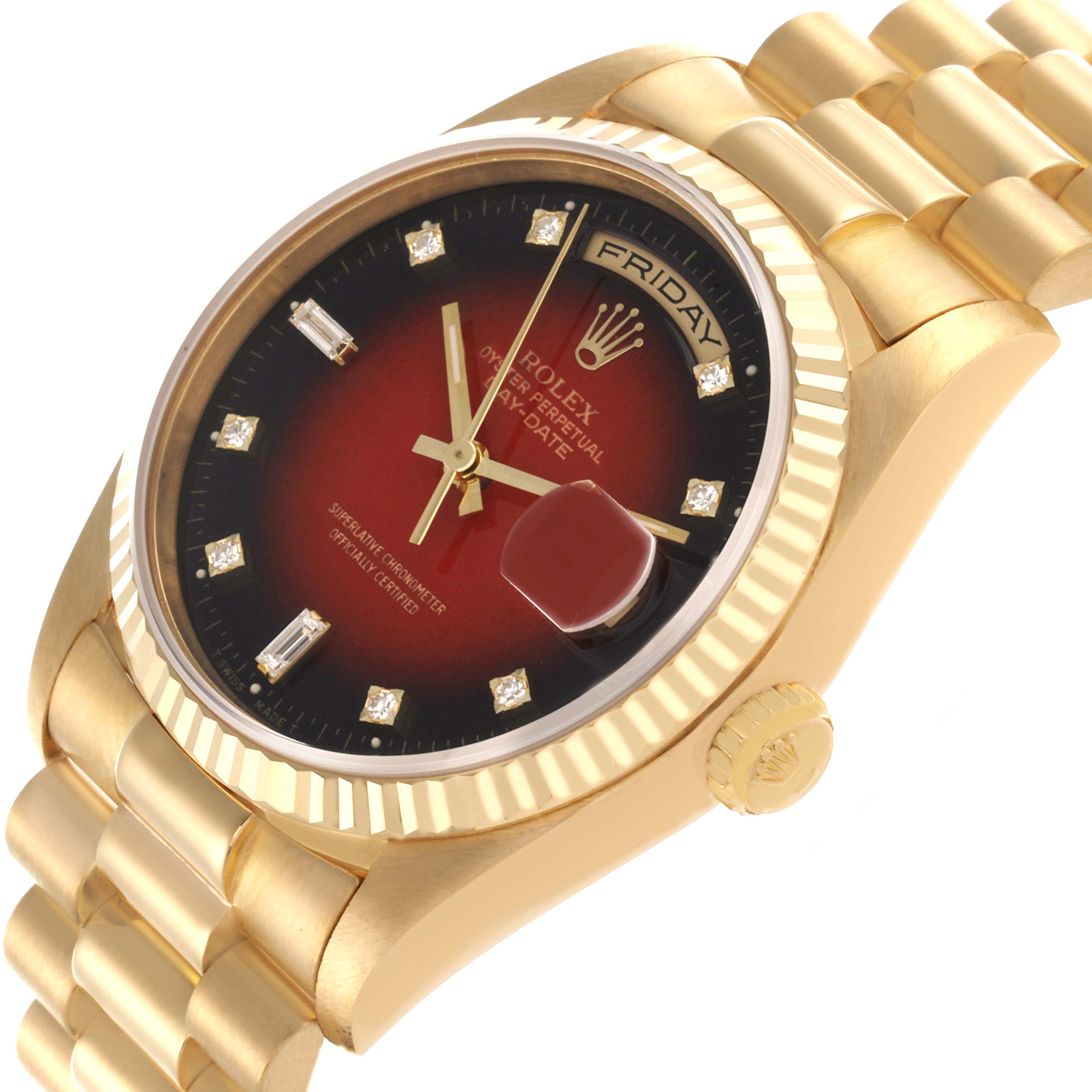 The Rolex President 18238 Men
s Yellow Gold Red Dial 18238 Men
s Yellow Gold Red Dial model is shown from a slight side angle, highlighting the face, bracelet, bezel, and crown.