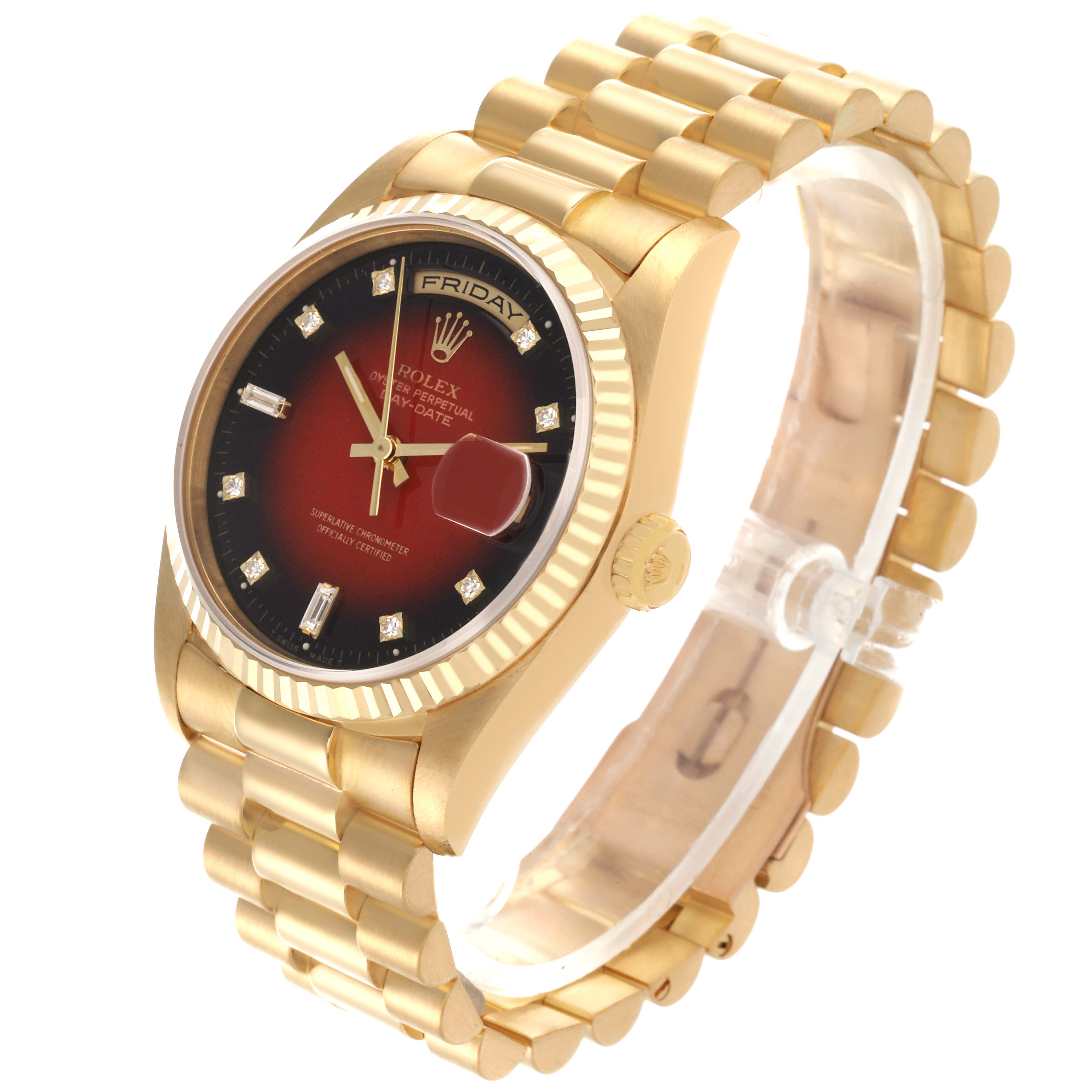 The Rolex President 18238 Men
s Yellow Gold Red Dial 18238 Men
s Yellow Gold Red Dial model watch is shown from a three-quarter angle displaying the face, bezel, crown, and bracelet.