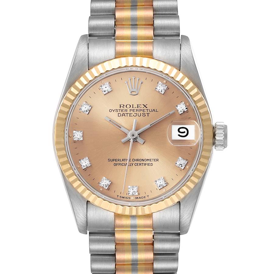 The Rolex President model is shown from the front, highlighting the dial, bezel, and part of the bracelet.