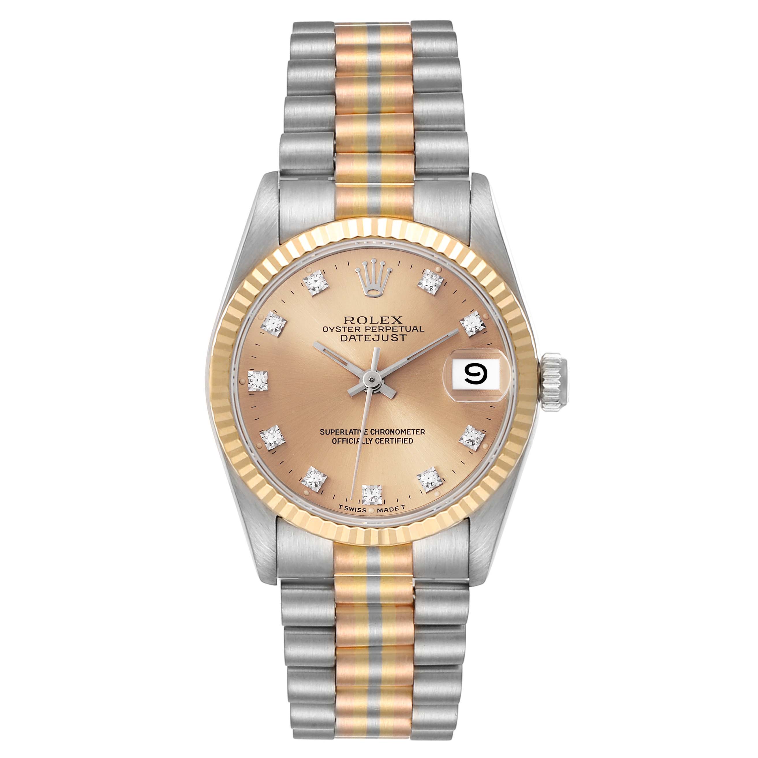 The Rolex President 68279 Women
s White Gold Champagne Dial 68279 Women
s White Gold Champagne Dial model is shown from a top-down angle, highlighting the face, bezel, and bracelet.