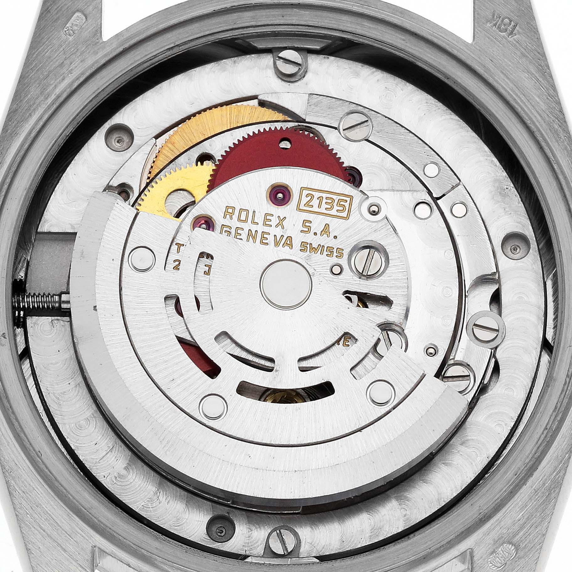 The image shows the movement of a Rolex President 68279 Women
s White Gold Champagne Dial 68279 Women
s White Gold Champagne Dial watch, featuring gears and the rotor visible from a top-down angle.