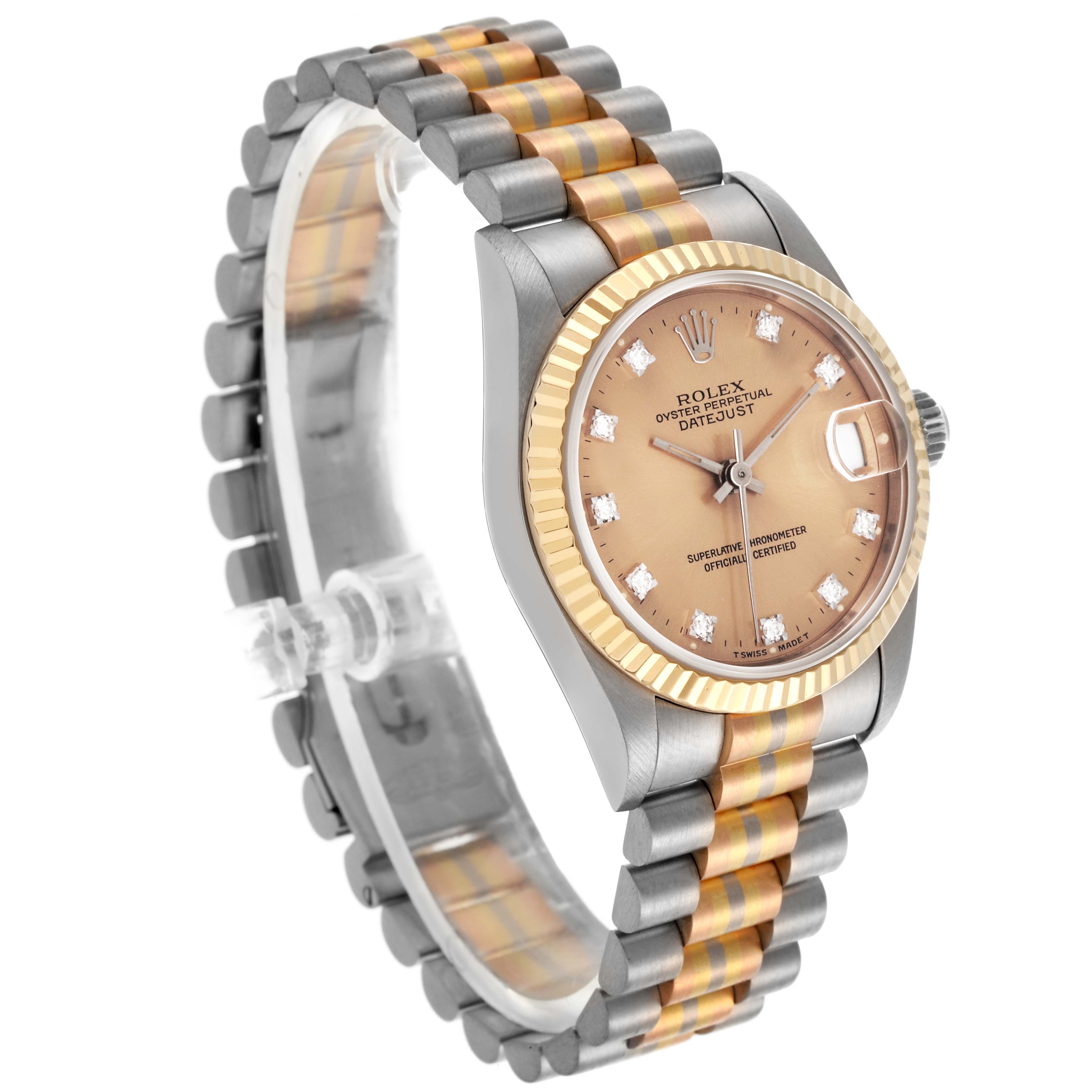 The Rolex President 68279 Women
s White Gold Champagne Dial 68279 Women
s White Gold Champagne Dial model watch is shown at an angled view, highlighting its two-tone bracelet, fluted bezel, and dial.