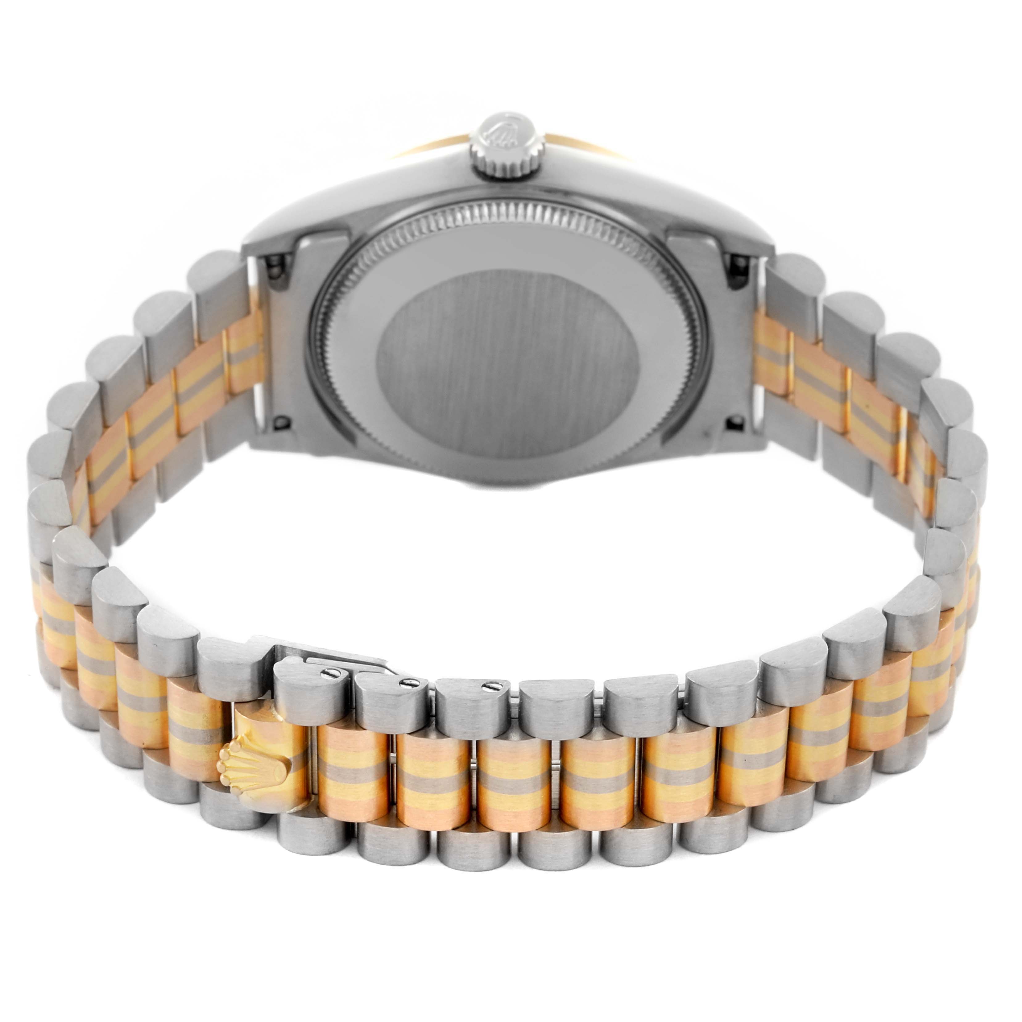 The Rolex President 68279 Women
s White Gold Champagne Dial 68279 Women
s White Gold Champagne Dial model is shown from the back, highlighting the bracelet and case back without the watch face visible.