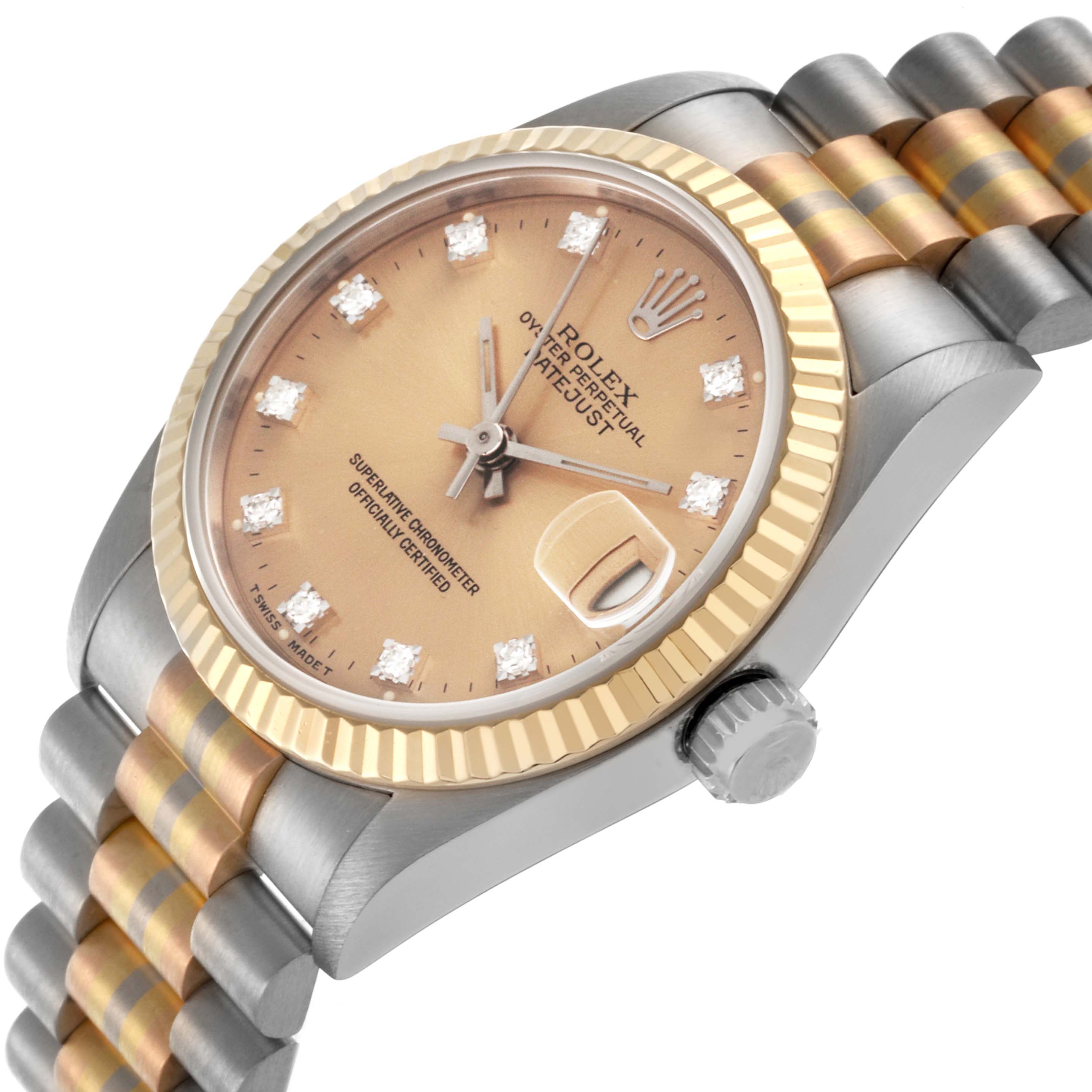 The Rolex President 68279 Women
s White Gold Champagne Dial 68279 Women
s White Gold Champagne Dial watch is shown at an angle displaying the face, bezel, crown, and part of the bracelet.