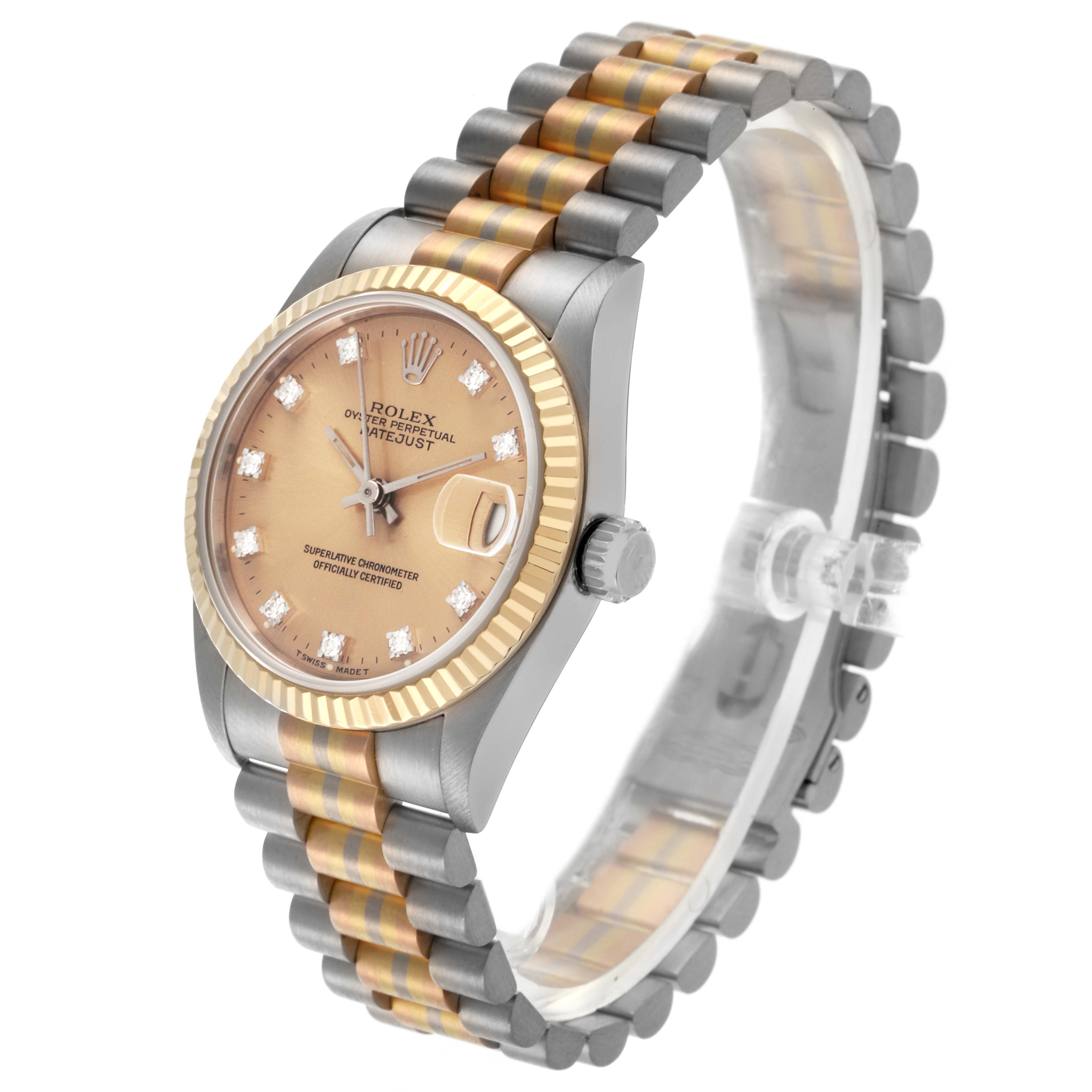The Rolex President 68279 Women
s White Gold Champagne Dial 68279 Women
s White Gold Champagne Dial model is shown from an angled side view, highlighting its dial, bezel, and bracelet.