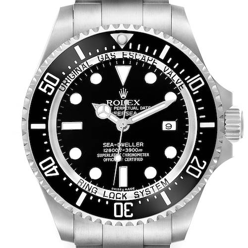 The Rolex Sea-Dweller watch is shown from a front view, displaying the dial, bezel, and crown.