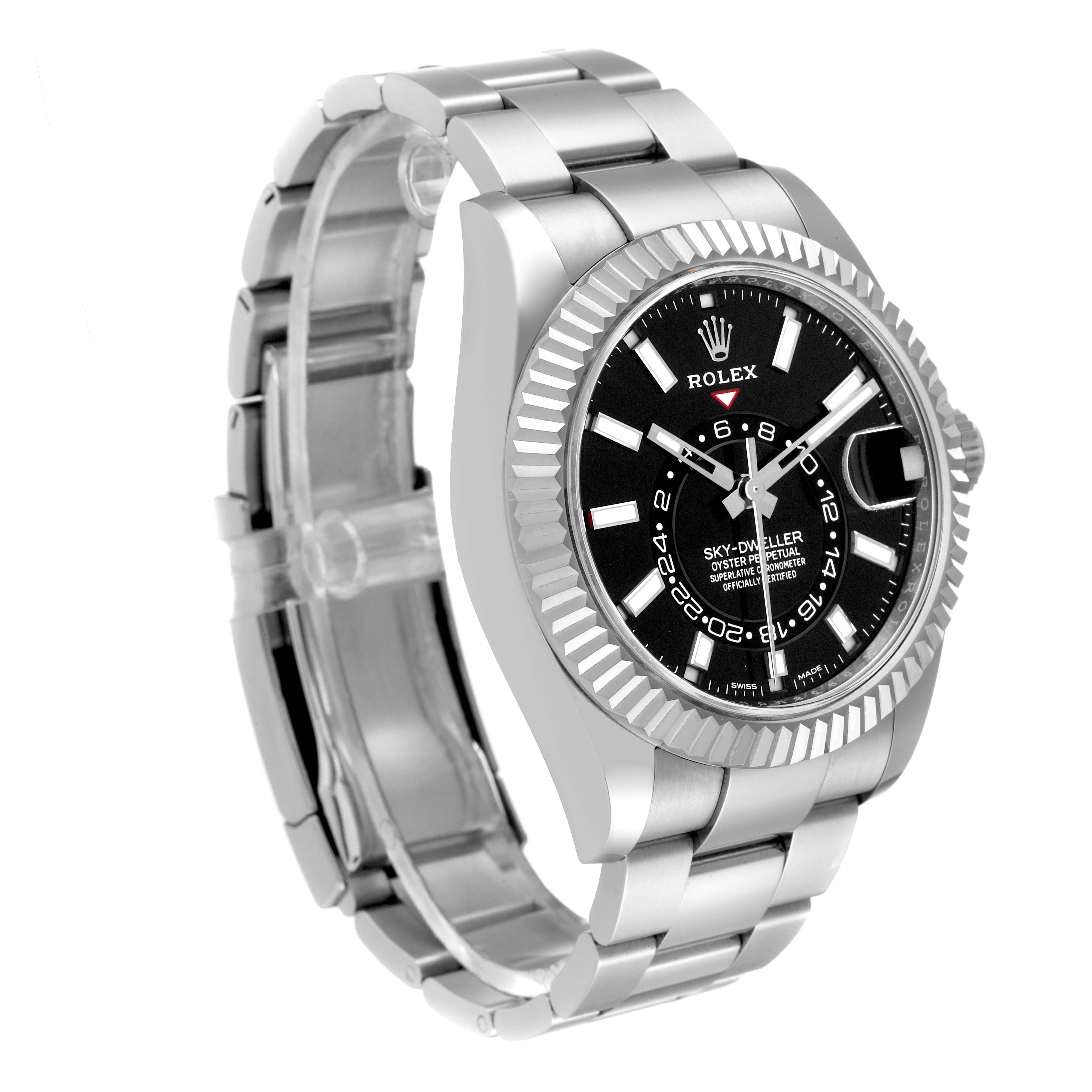 The image shows a Rolex Sky-Dweller 326934 Men's Stainless Steel Black Dial 326934 Men's Stainless Steel Black Dial watch at a three-quarter angle, highlighting the face, bezel, and bracelet.