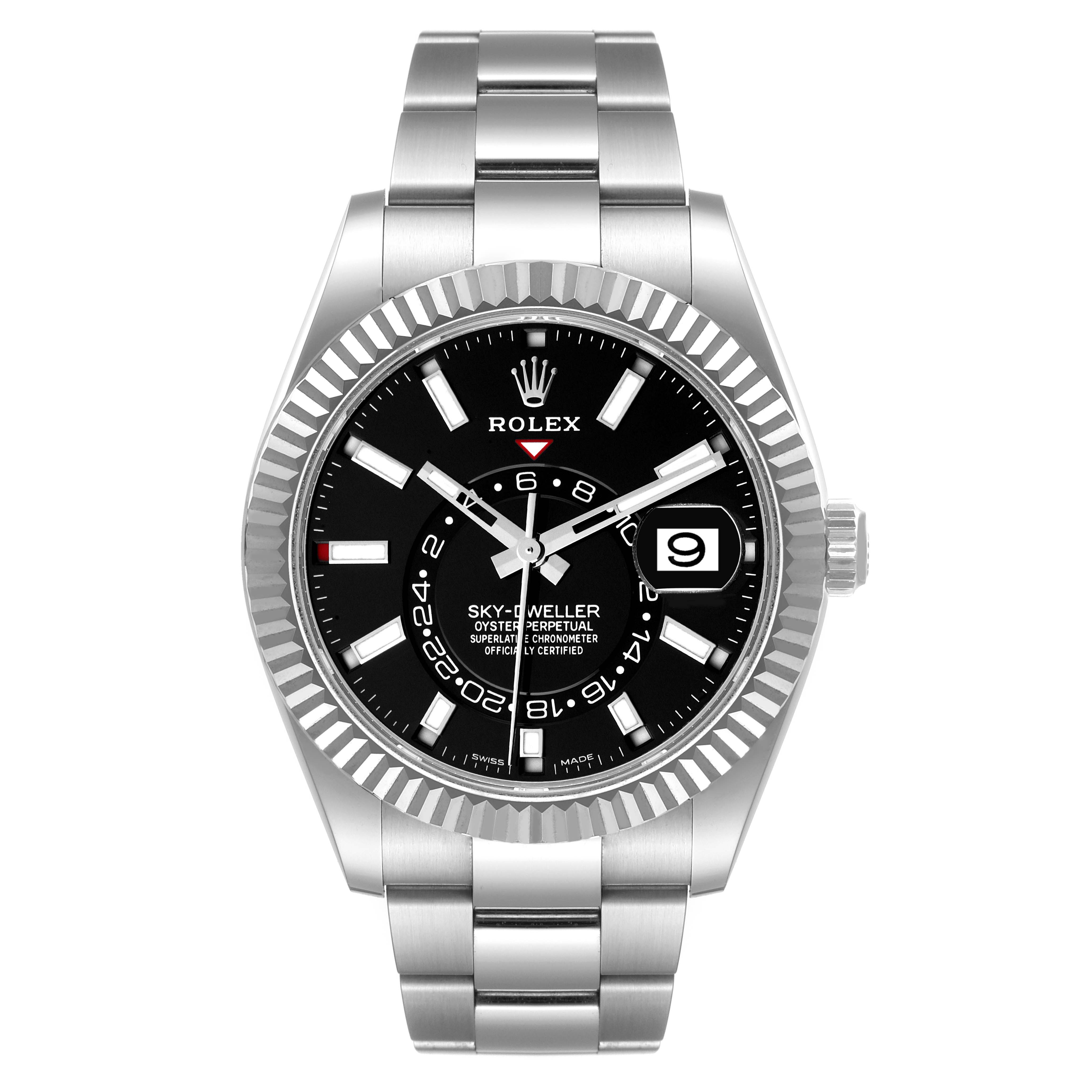 This image shows a front view of the Rolex Sky-Dweller 326934 Men's Stainless Steel Black Dial 326934 Men's Stainless Steel Black Dial watch, highlighting its dial, bezel, and bracelet.