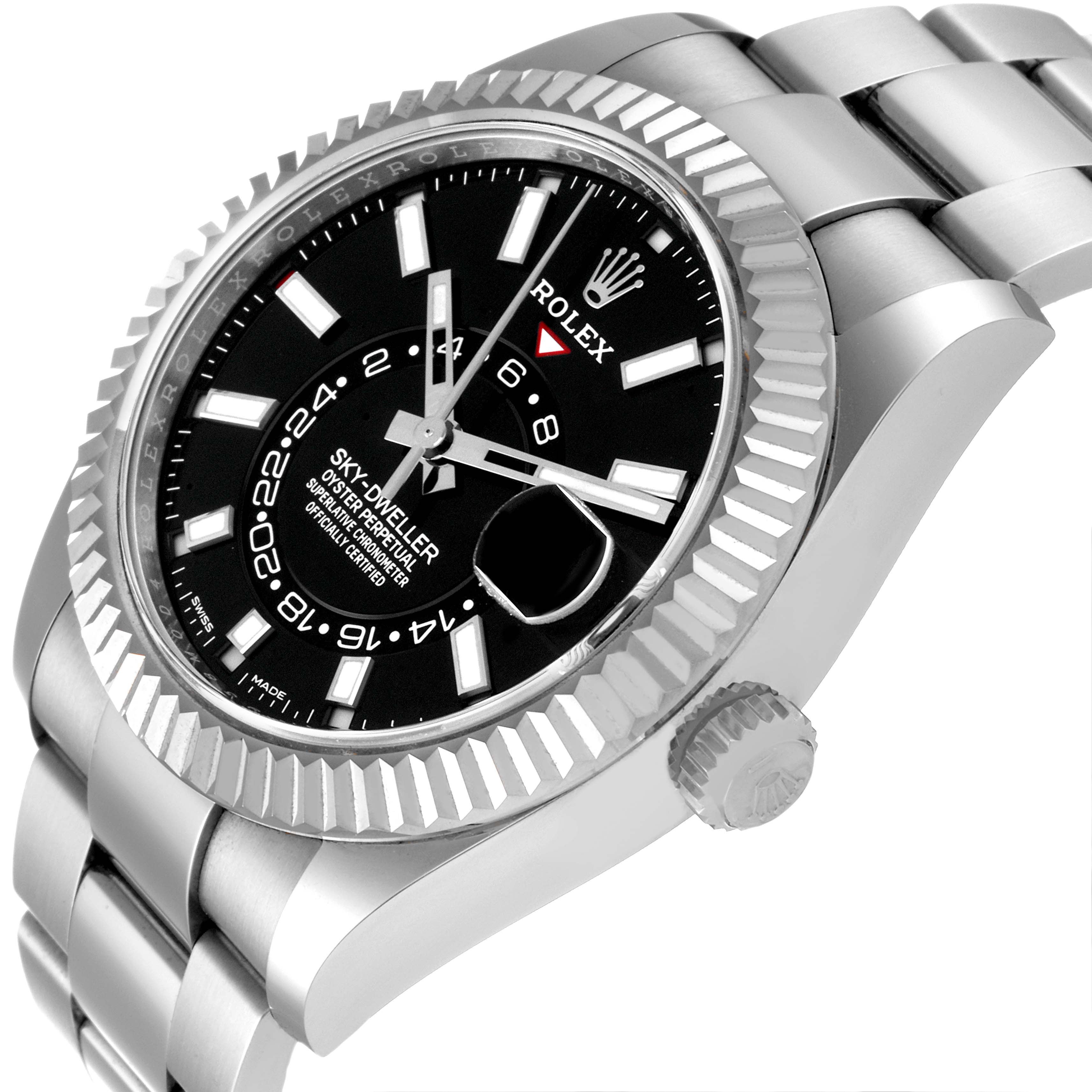 The image shows a close-up angled view of a Rolex Sky-Dweller 326934 Men's Stainless Steel Black Dial 326934 Men's Stainless Steel Black Dial watch, highlighting the face, bezel, crown, and part of the bracelet.