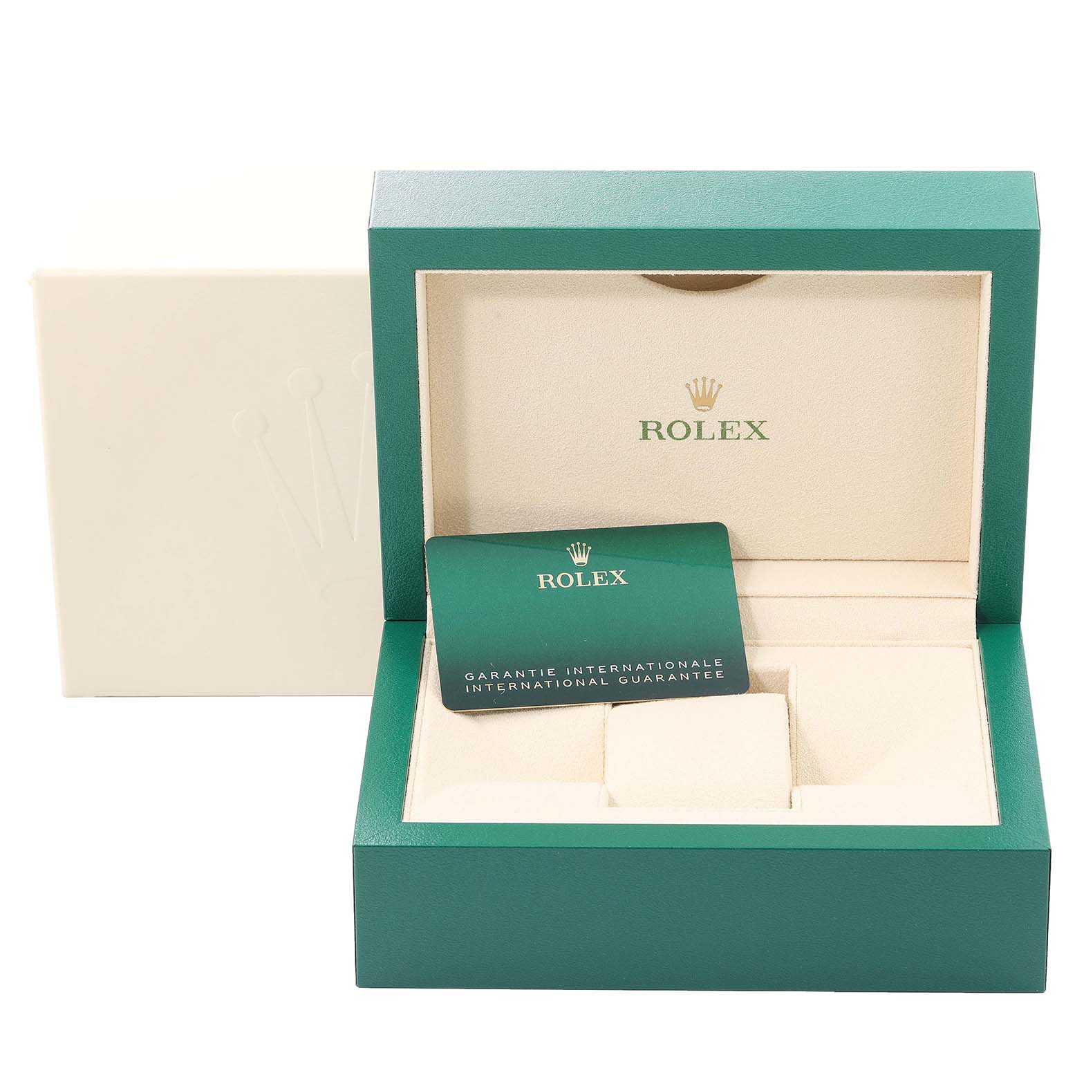The image shows the open presentation box and warranty card for a Rolex Sky-Dweller 326934 Men's Stainless Steel Black Dial 326934 Men's Stainless Steel Black Dial.