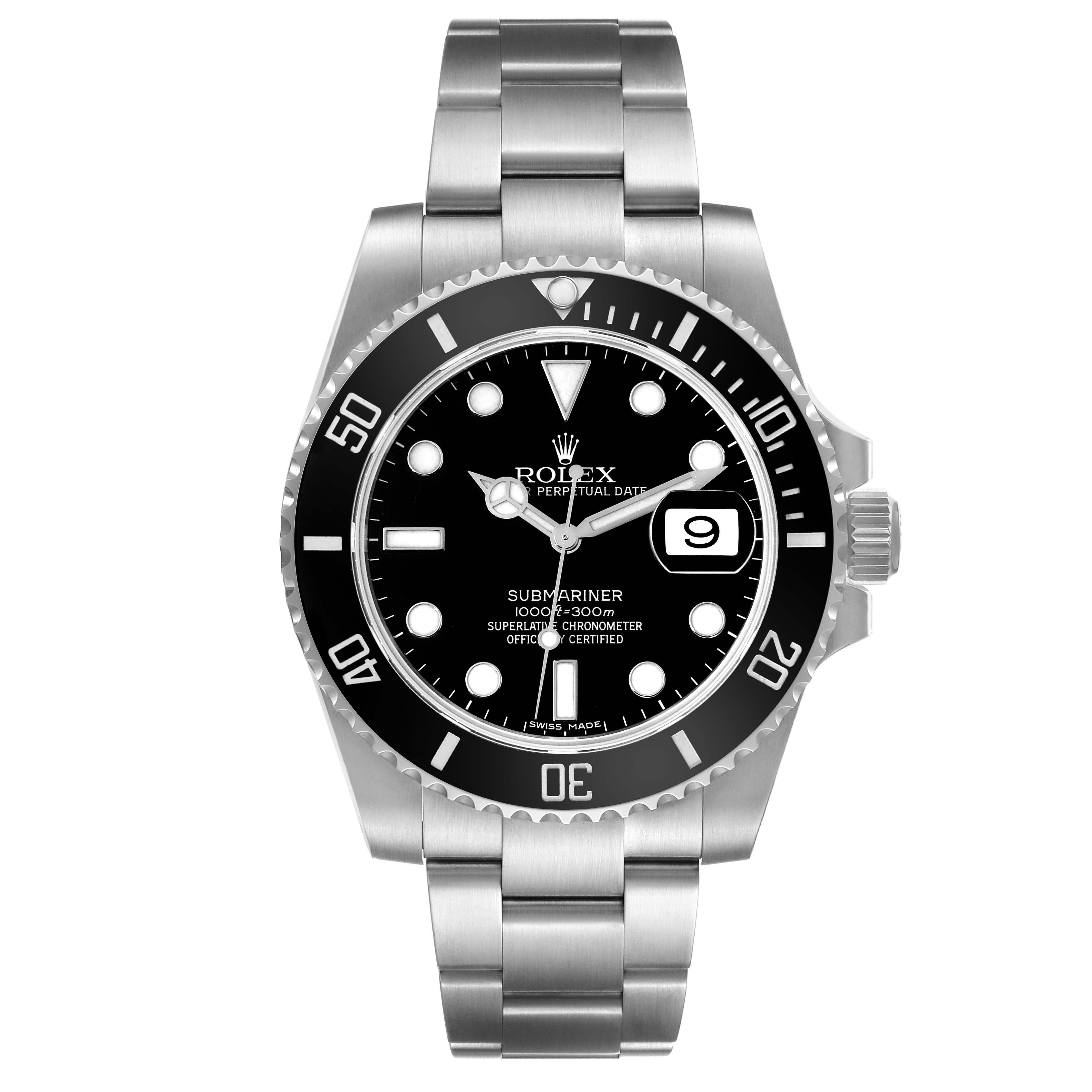 The image shows a front view of the Rolex Submariner 116610 Men
s Stainless Steel Black Dial 116610 Men
s Stainless Steel Black Dial watch, highlighting its dial, bezel, and stainless steel bracelet.