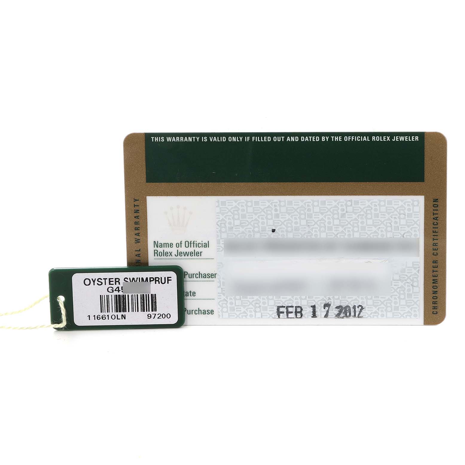 The image shows the warranty card and a tag for the Rolex Submariner 116610 Men
s Stainless Steel Black Dial 116610 Men
s Stainless Steel Black Dial watch model.