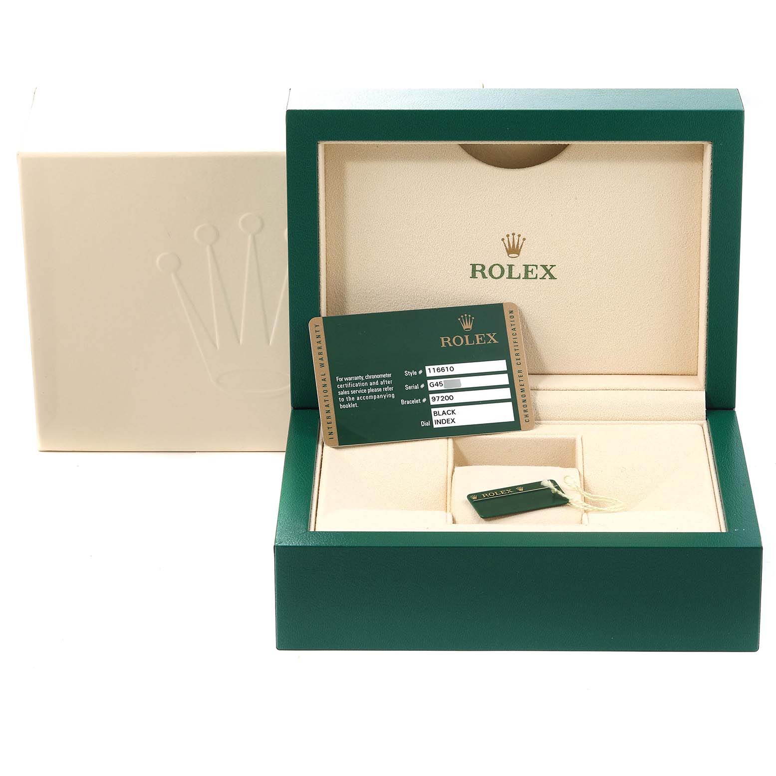 The image shows the Rolex Submariner 116610 Men
s Stainless Steel Black Dial 116610 Men
s Stainless Steel Black Dial
s packaging, Best Quality
ity card, and accessories from a front angle.