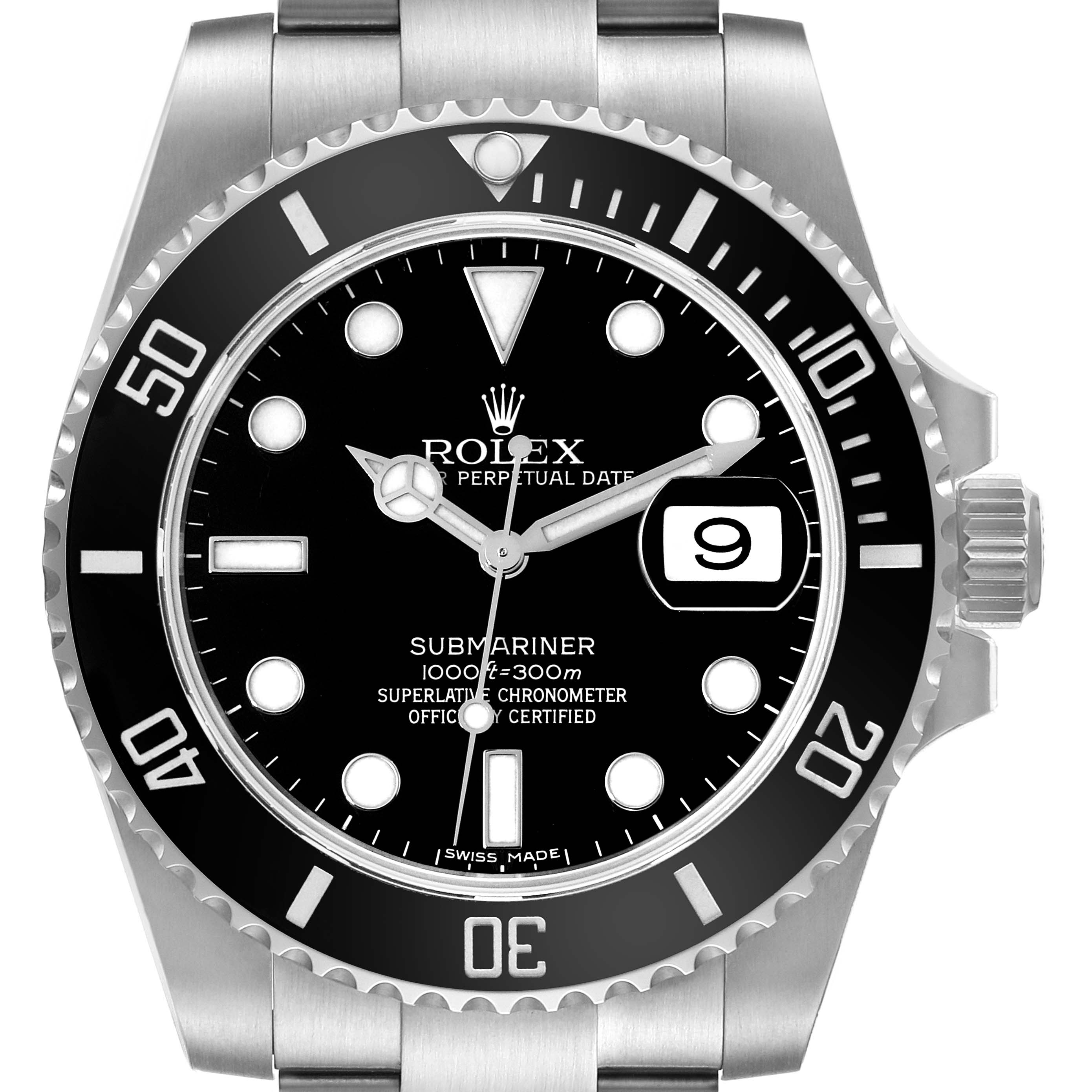 This image shows a front view of the Rolex Submariner 116610 Men
s Stainless Steel Black Dial 116610 Men
s Stainless Steel Black Dial watch, highlighting the dial, bezel, hands, and bracelet.