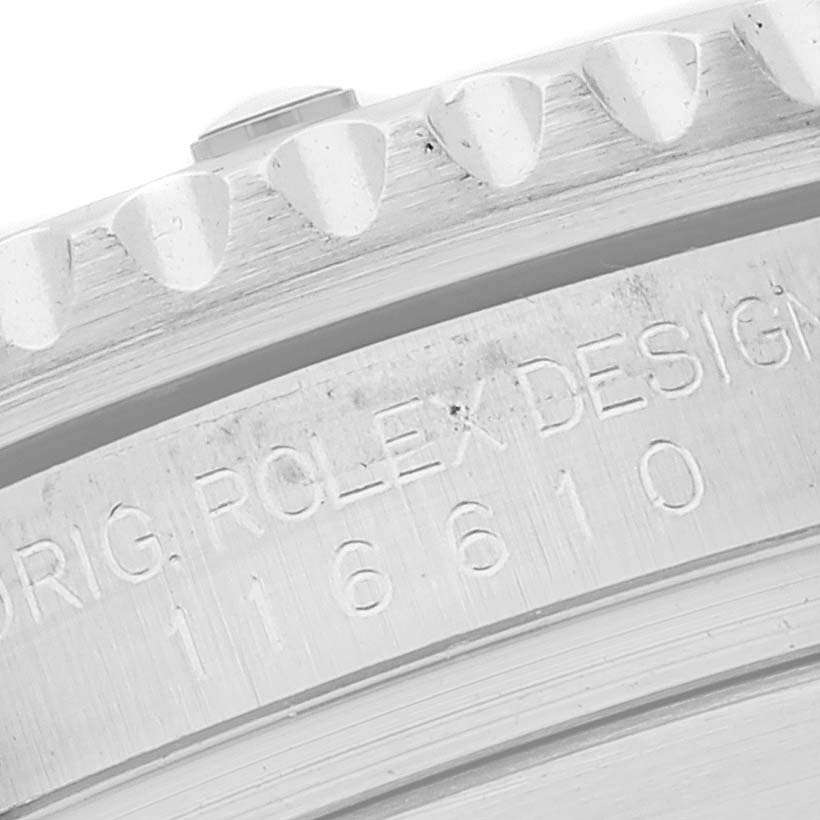 This close-up angle shows the side engraving and part of the bezel of a Rolex Submariner 116610 Men
s Stainless Steel Black Dial 116610 Men
s Stainless Steel Black Dial model.