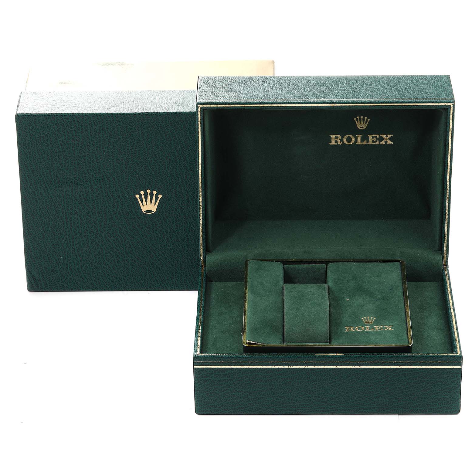 The image shows a Rolex Vintage Collection 1680 Men's Stainless Steel Black Dial 1680 Men's Stainless Steel Black Dial watch box, displayed open, revealing the inner compartments and green suede lining.