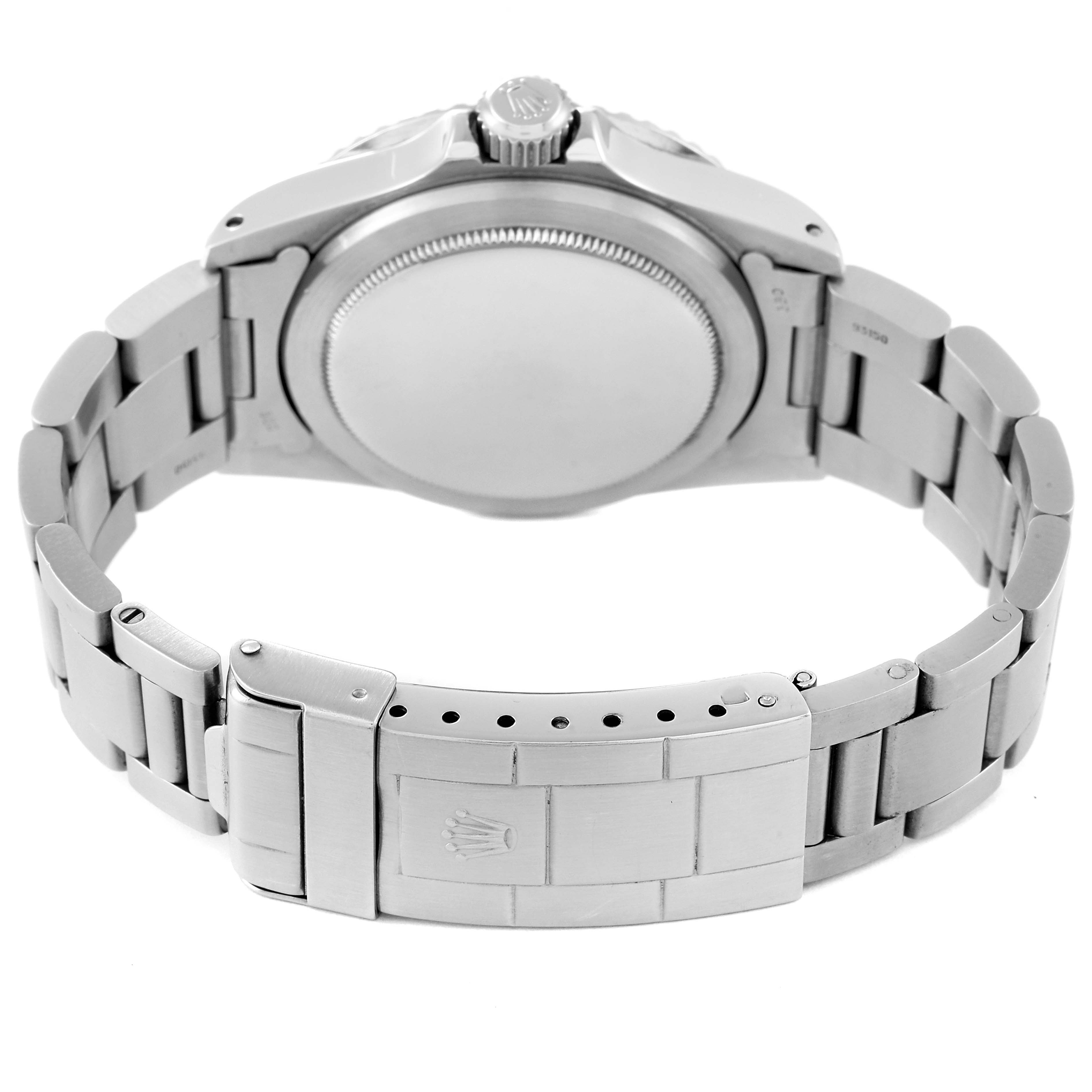 The image shows the back view of the Rolex Vintage Collection 1680 Men's Stainless Steel Black Dial 1680 Men's Stainless Steel Black Dial watch, highlighting the case back, crown, and metal bracelet with clasp.