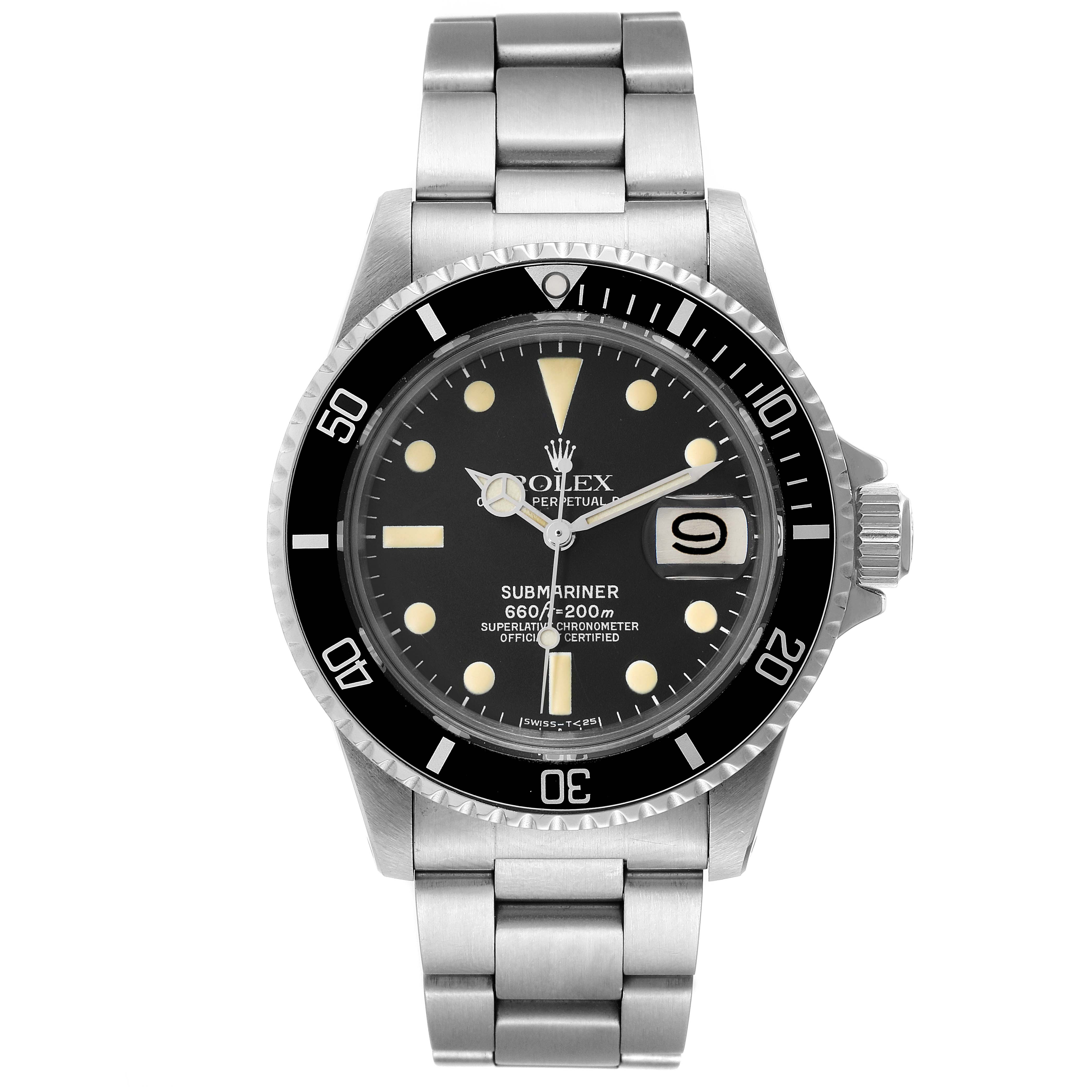 This image shows a front view of the Rolex Vintage Collection 1680 Men's Stainless Steel Black Dial 1680 Men's Stainless Steel Black Dial Submariner watch, highlighting the dial, bezel, and stainless steel bracelet.