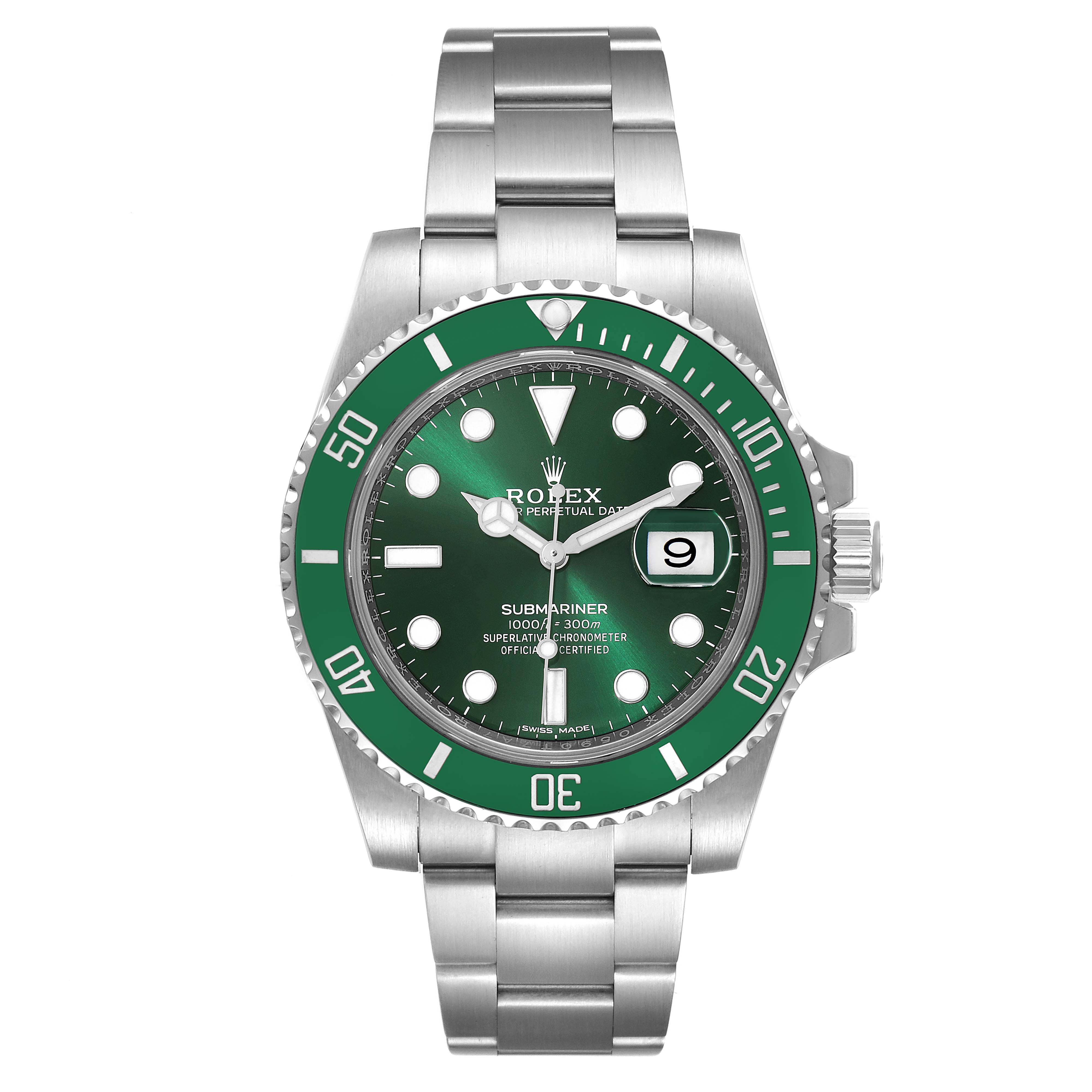 The image shows a front view of a Rolex Submariner 116610LV Men
s Stainless Steel Green Dial 116610LV Men
s Stainless Steel Green Dial watch with a green bezel and dial, displaying its bracelet and face details.