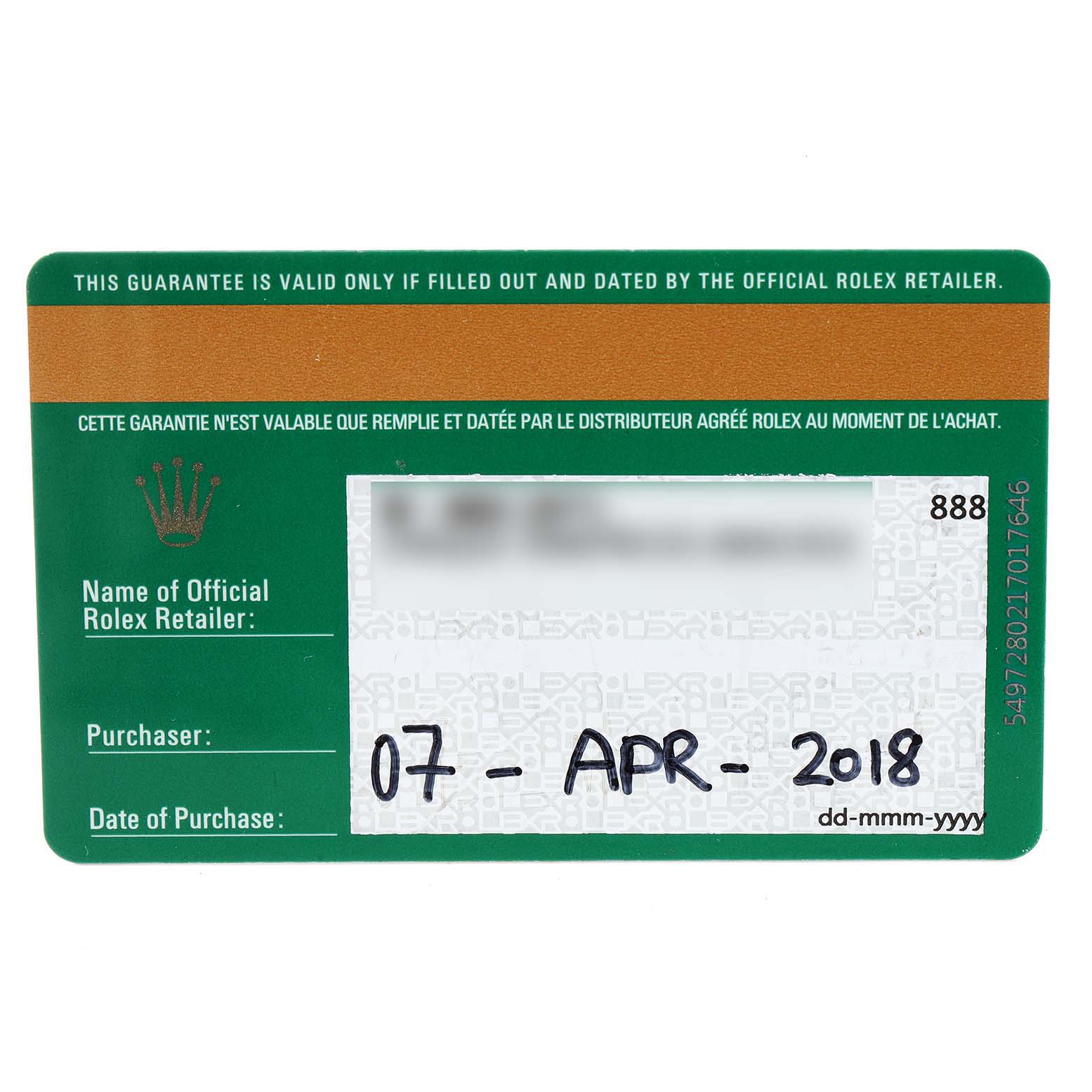 This is a warranty card for the Rolex Submariner 116610LV Men
s Stainless Steel Green Dial 116610LV Men
s Stainless Steel Green Dial, displaying the date of purchase and the retailer
s name section.