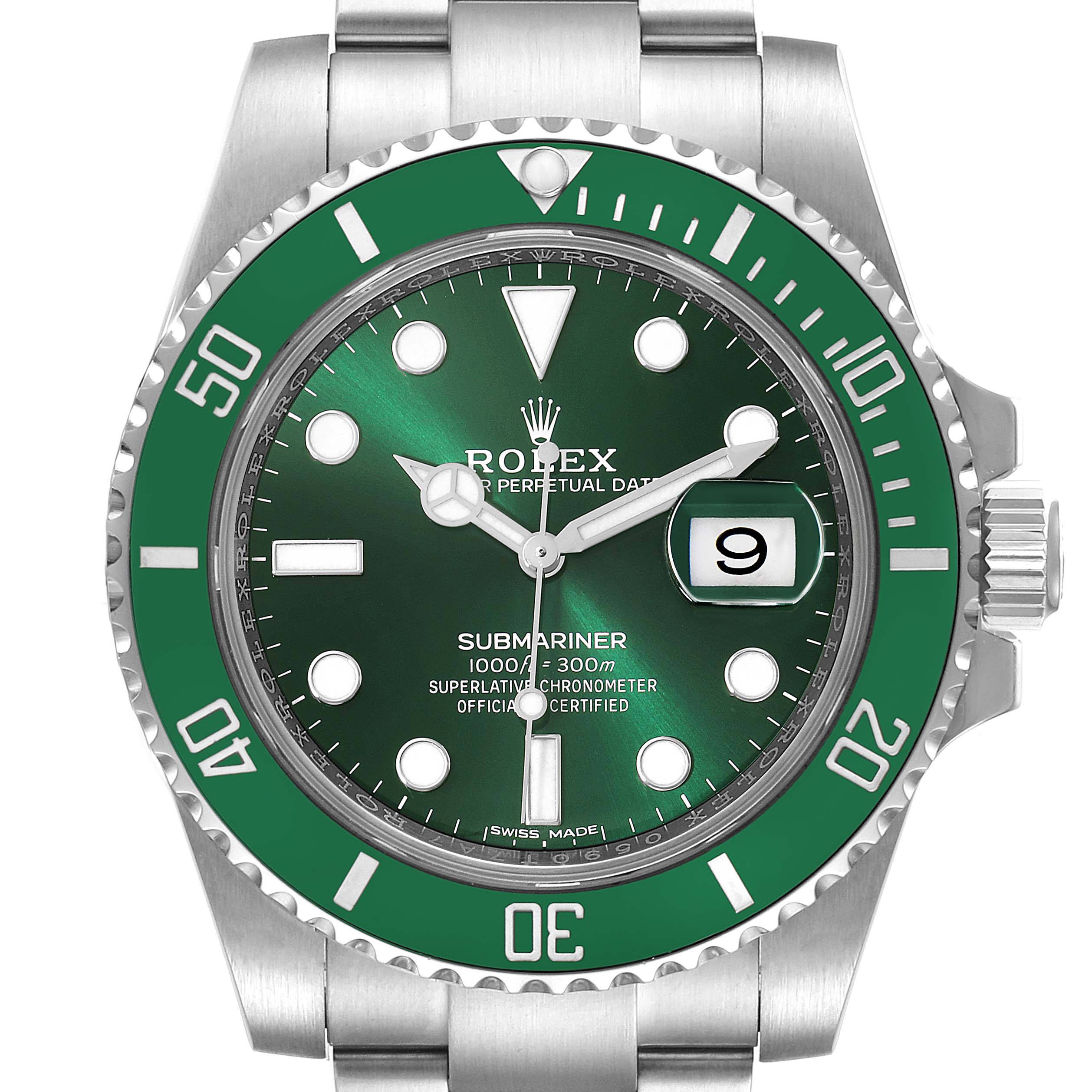 The image shows a front view of a Rolex Submariner 116610LV Men
s Stainless Steel Green Dial 116610LV Men
s Stainless Steel Green Dial watch, highlighting its green bezel, dial, and date window.