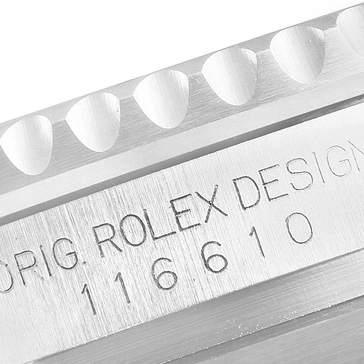 This close-up image shows the engraved case and bezel of a Rolex Submariner 116610LV Men
s Stainless Steel Green Dial 116610LV Men
s Stainless Steel Green Dial, model 116610.