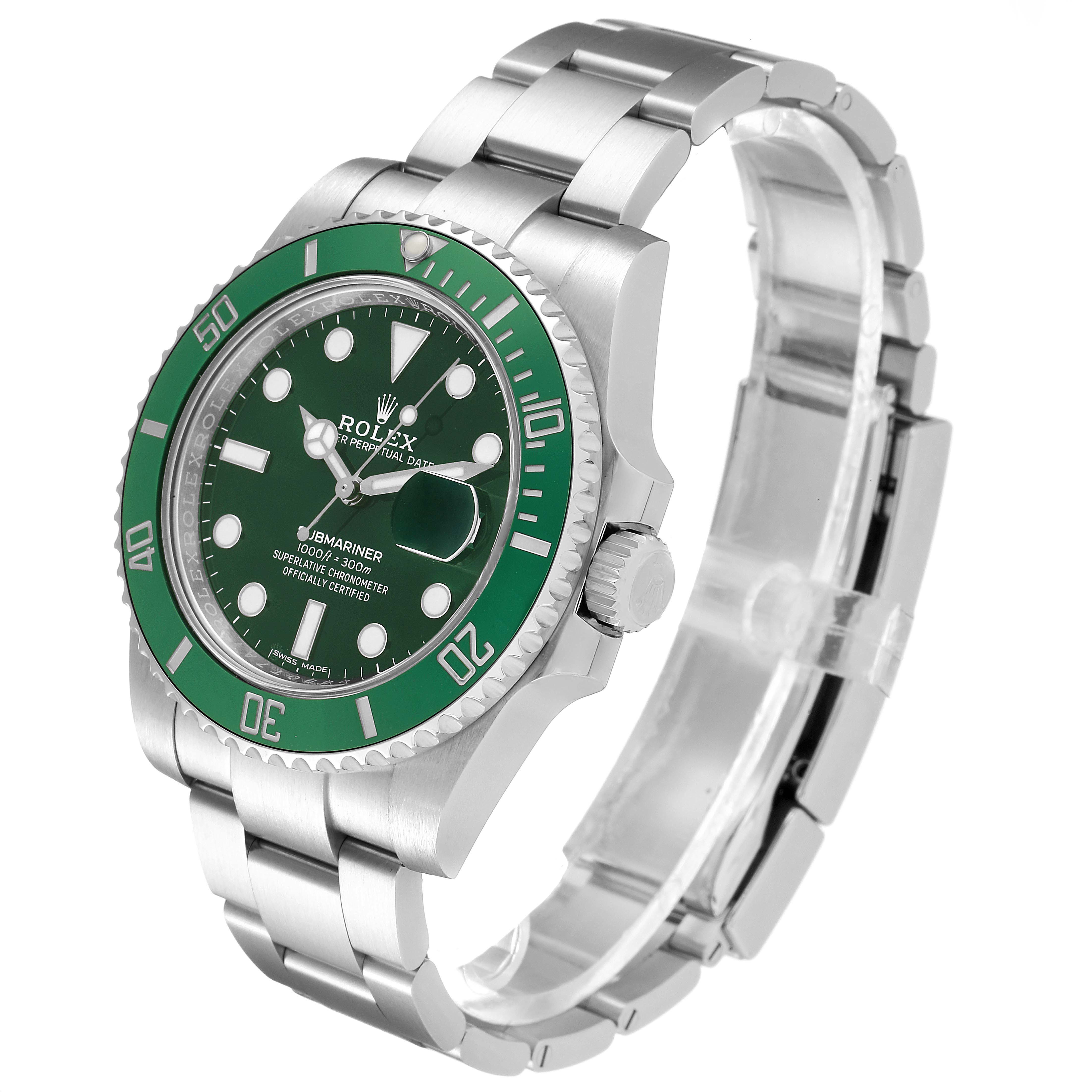 This image shows a Rolex Submariner 116610LV Men
s Stainless Steel Green Dial 116610LV Men
s Stainless Steel Green Dial watch from an angled front-right view, highlighting its green bezel and stainless steel bracelet.