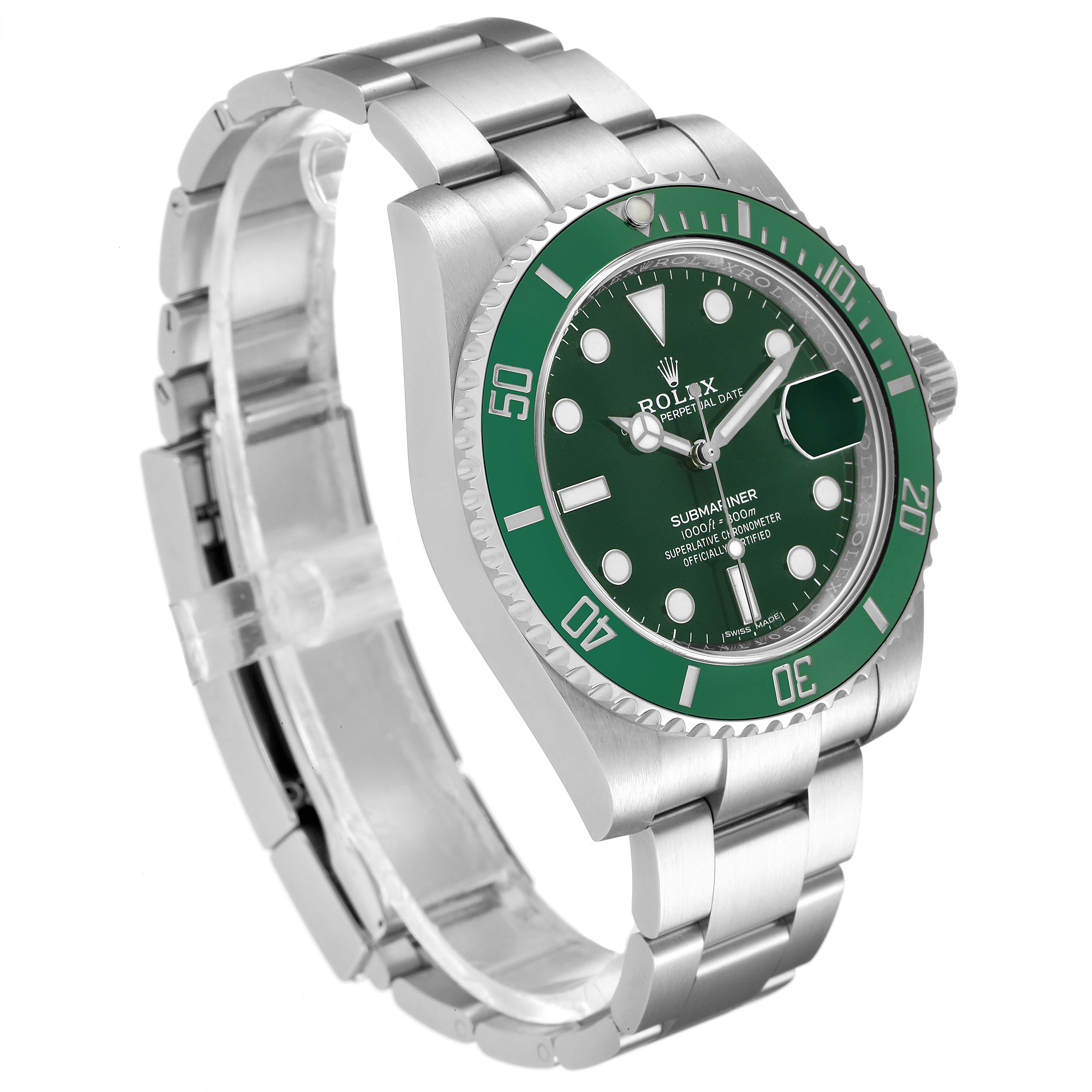 The image shows the Rolex Submariner 116610LV Men
s Stainless Steel Green Dial 116610LV Men
s Stainless Steel Green Dial from a three-quarter angle, highlighting its green bezel, dial, bracelet, and side crown.