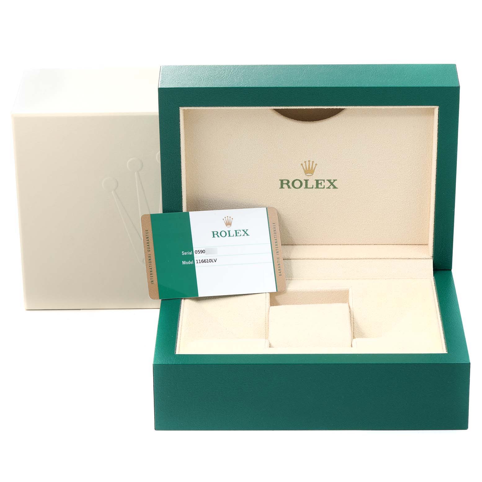 The image shows an open green Rolex box with a warranty card for the Submariner model.
