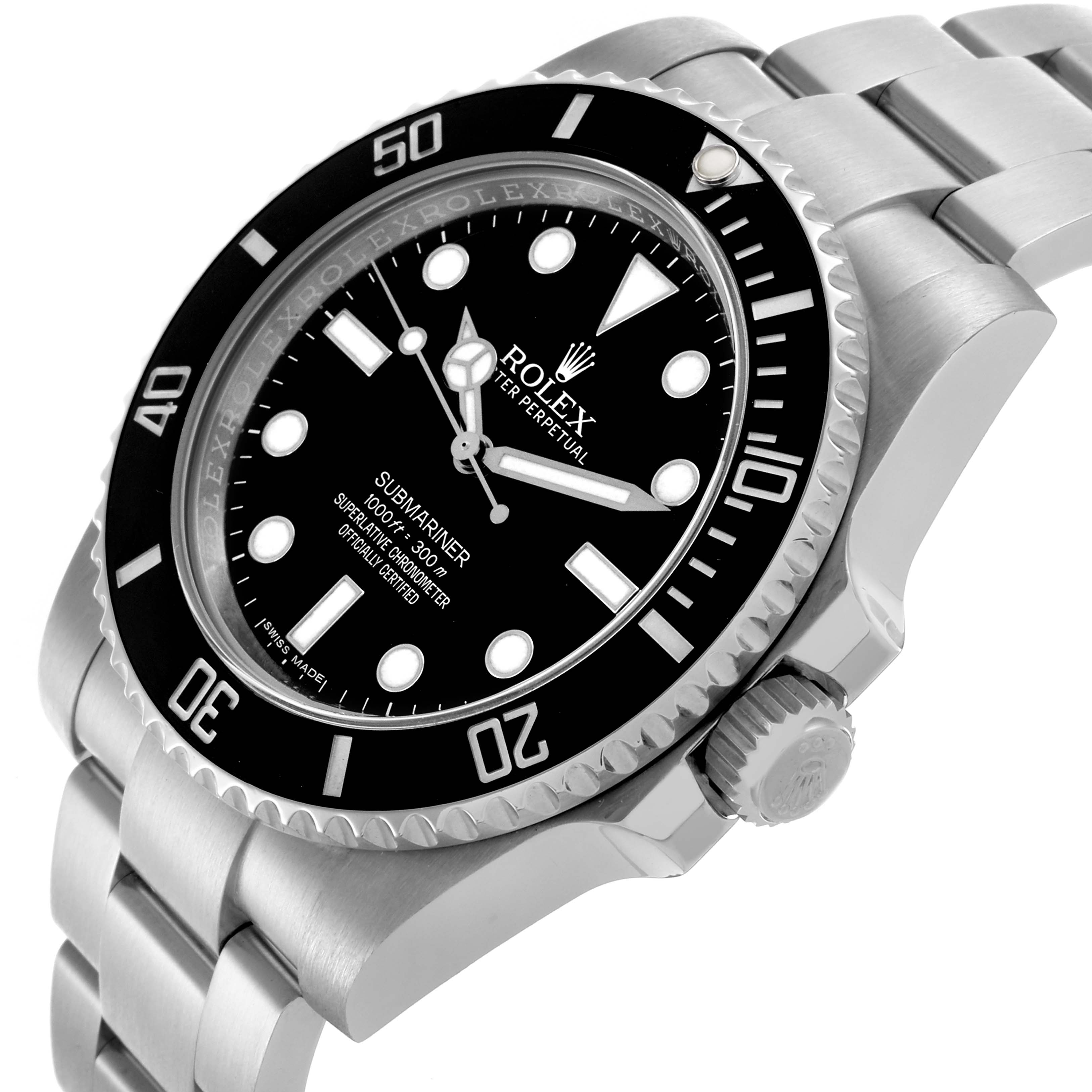 The Rolex Submariner 114060 Men
s Stainless Steel Black Dial 114060 Men
s Stainless Steel Black Dial is shown at a slight angle, highlighting the bezel, dial, crown, and part of the bracelet.