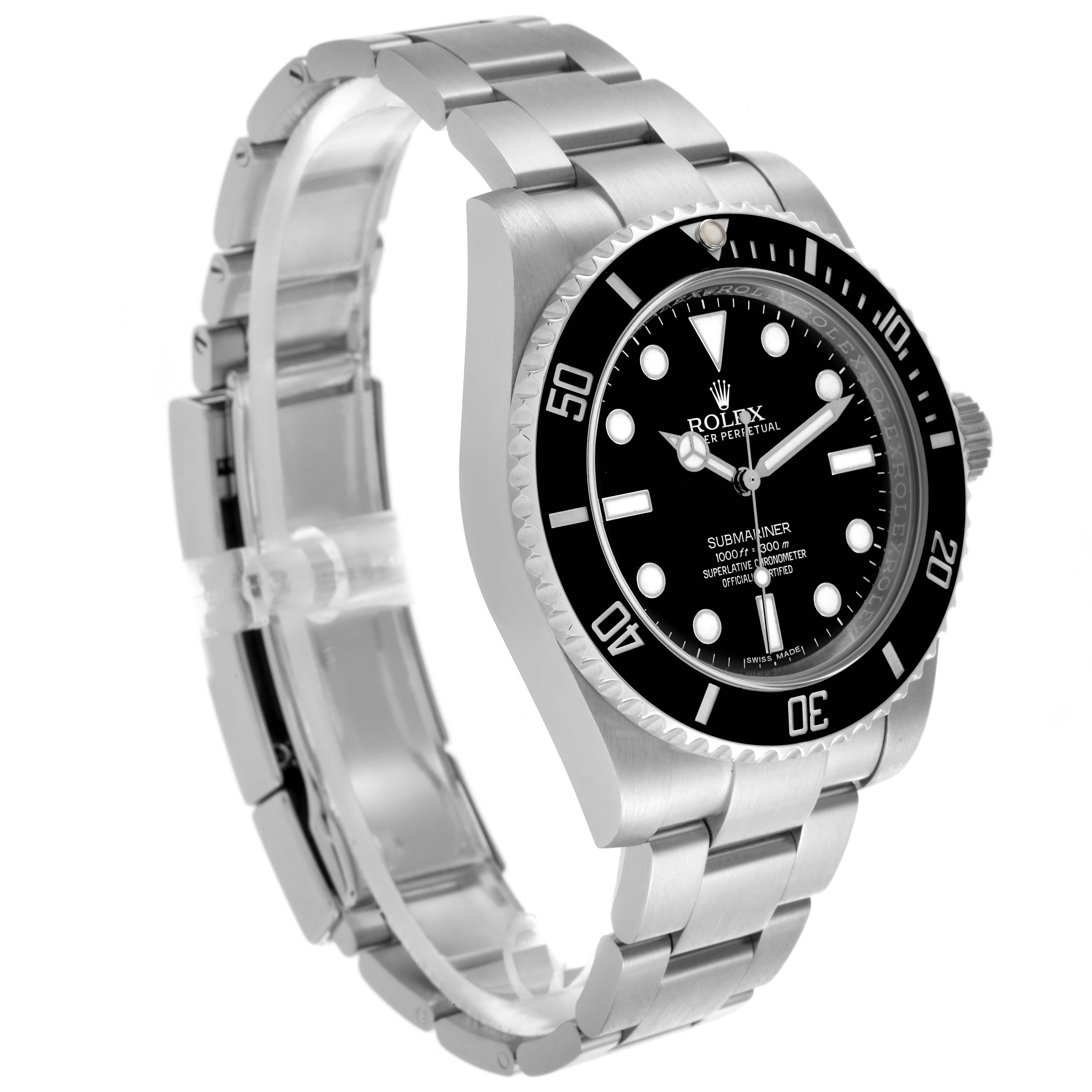 The Rolex Submariner 114060 Men
s Stainless Steel Black Dial 114060 Men
s Stainless Steel Black Dial watch is shown at an angled side view, highlighting the face, bezel, and bracelet.