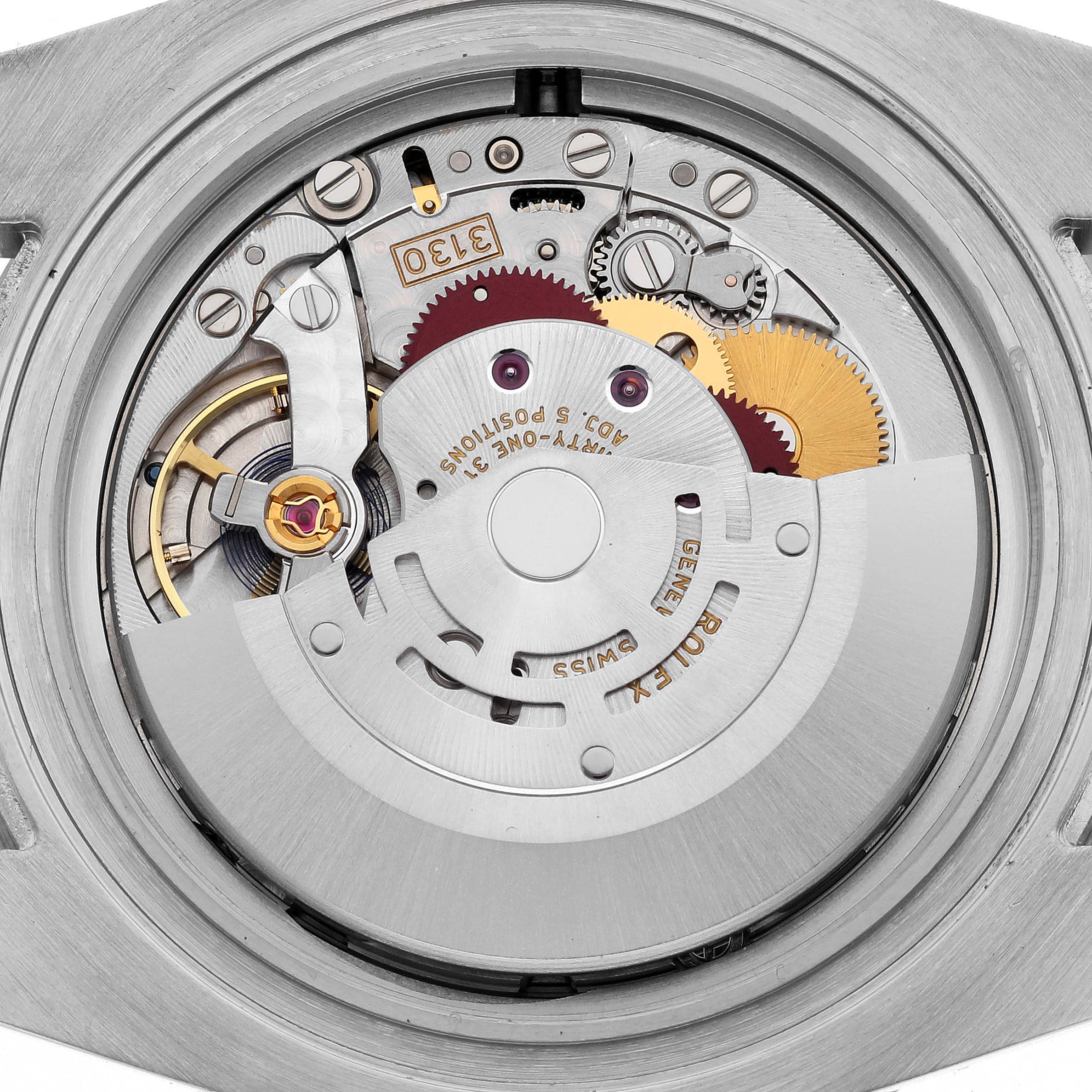 The image shows the movement of a Rolex Submariner 114060 Men
s Stainless Steel Black Dial 114060 Men
s Stainless Steel Black Dial, viewed from the back with internal gears and components visible.