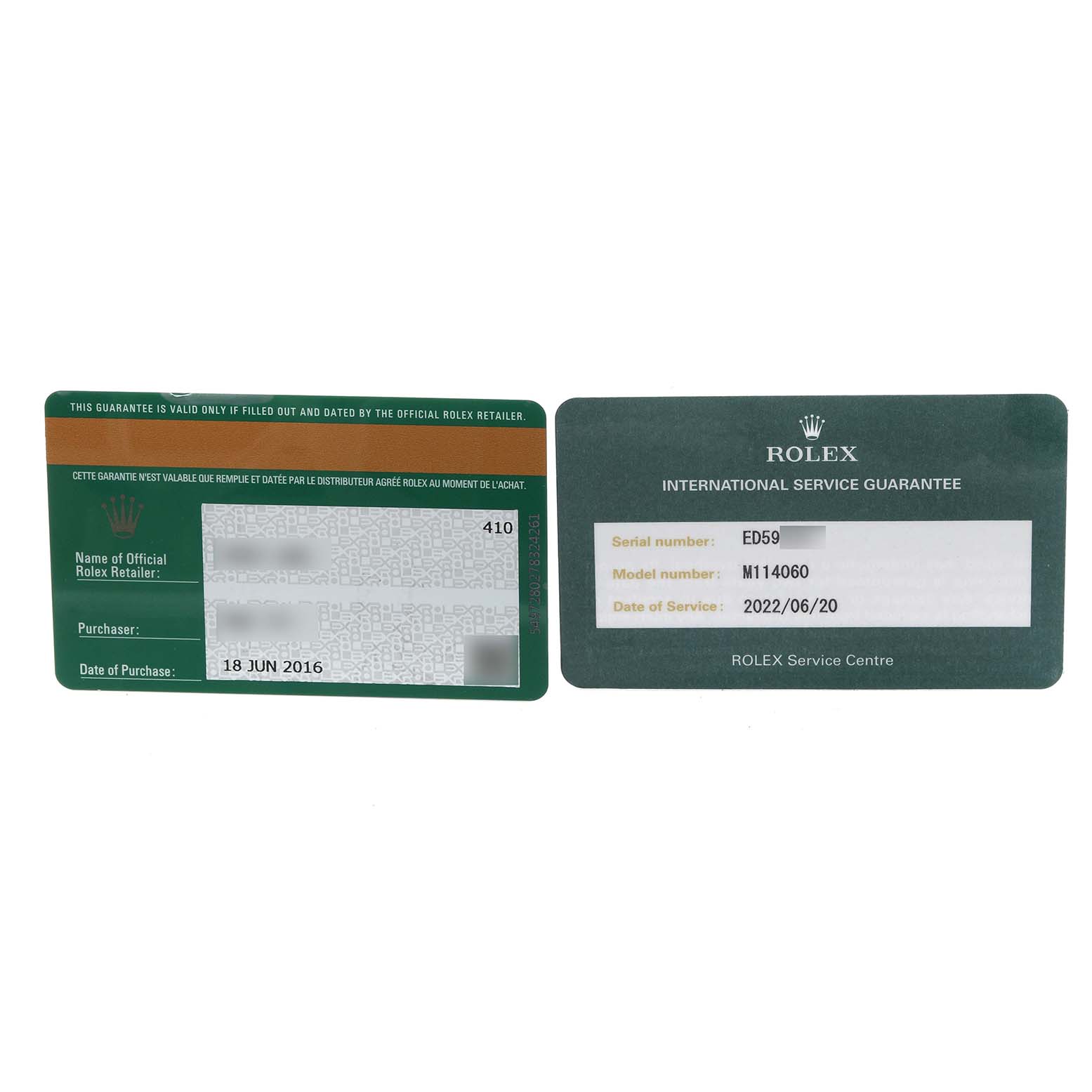 This image shows the warranty and service guarantee cards for the Rolex Submariner 114060 Men
s Stainless Steel Black Dial 114060 Men
s Stainless Steel Black Dial model.