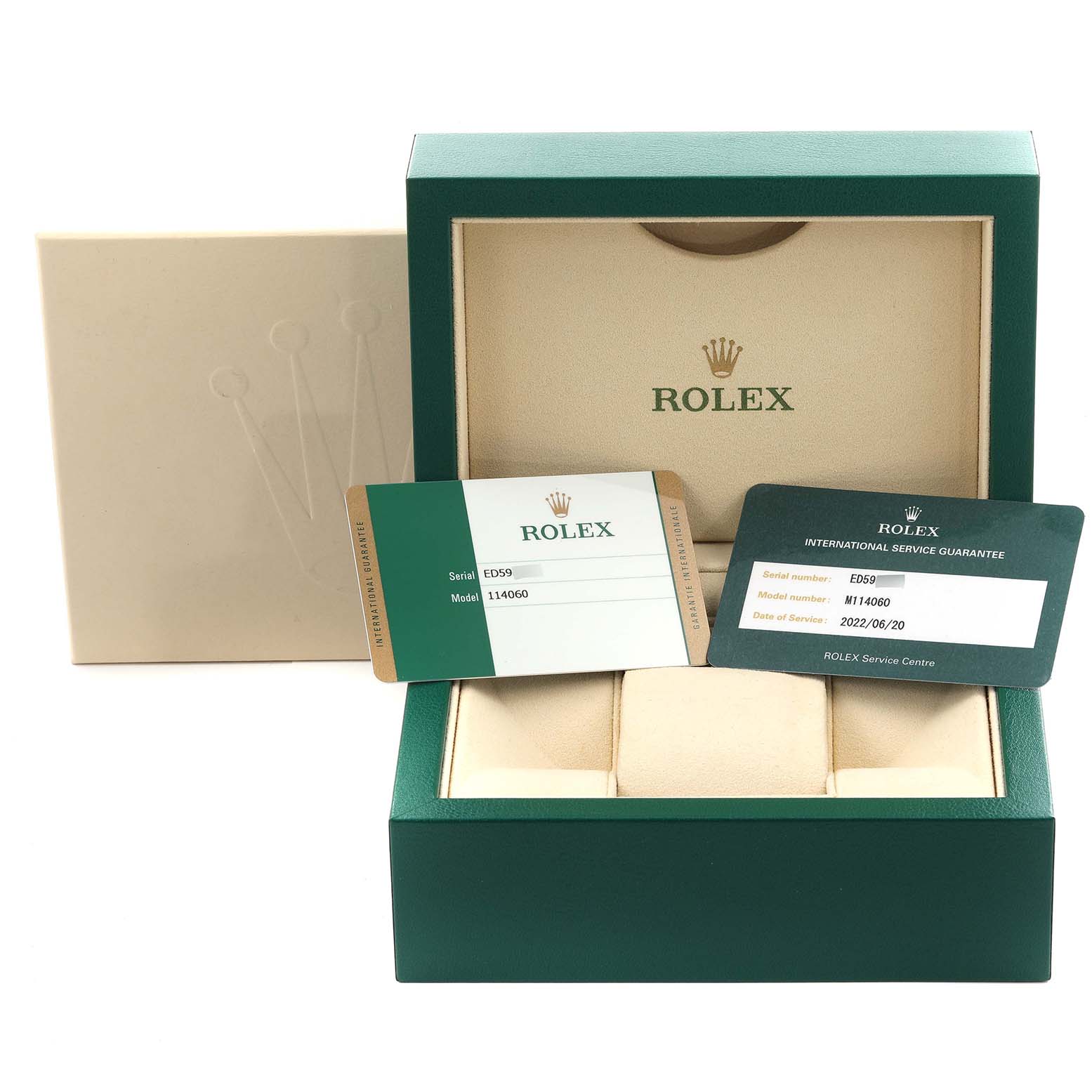 The image shows a Rolex Submariner 114060 Men
s Stainless Steel Black Dial 114060 Men
s Stainless Steel Black Dial box and guarantee cards, viewed from the front.