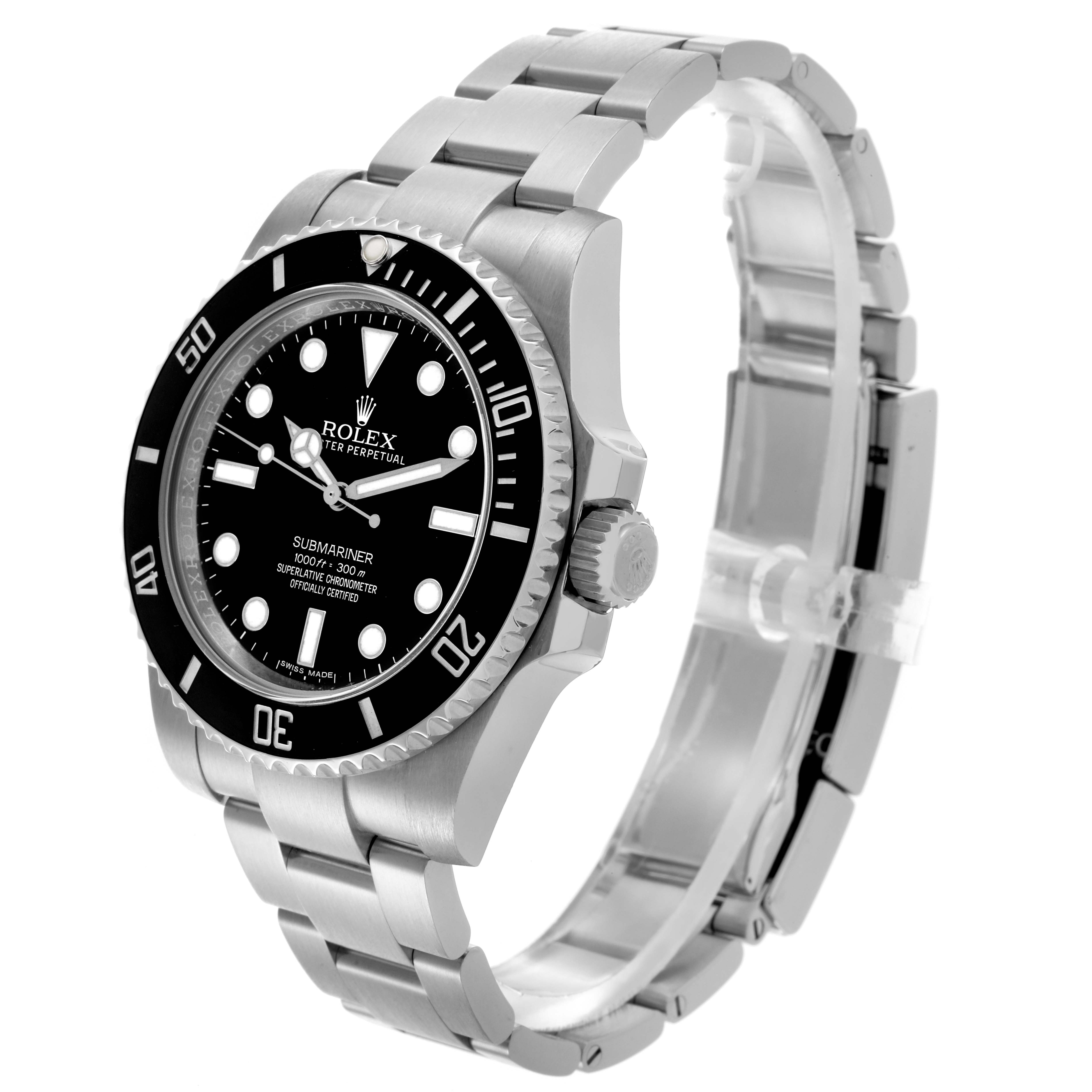 The Rolex Submariner 114060 Men
s Stainless Steel Black Dial 114060 Men
s Stainless Steel Black Dial watch is shown at a three-quarter angle highlighting the face, bezel, crown, and bracelet.