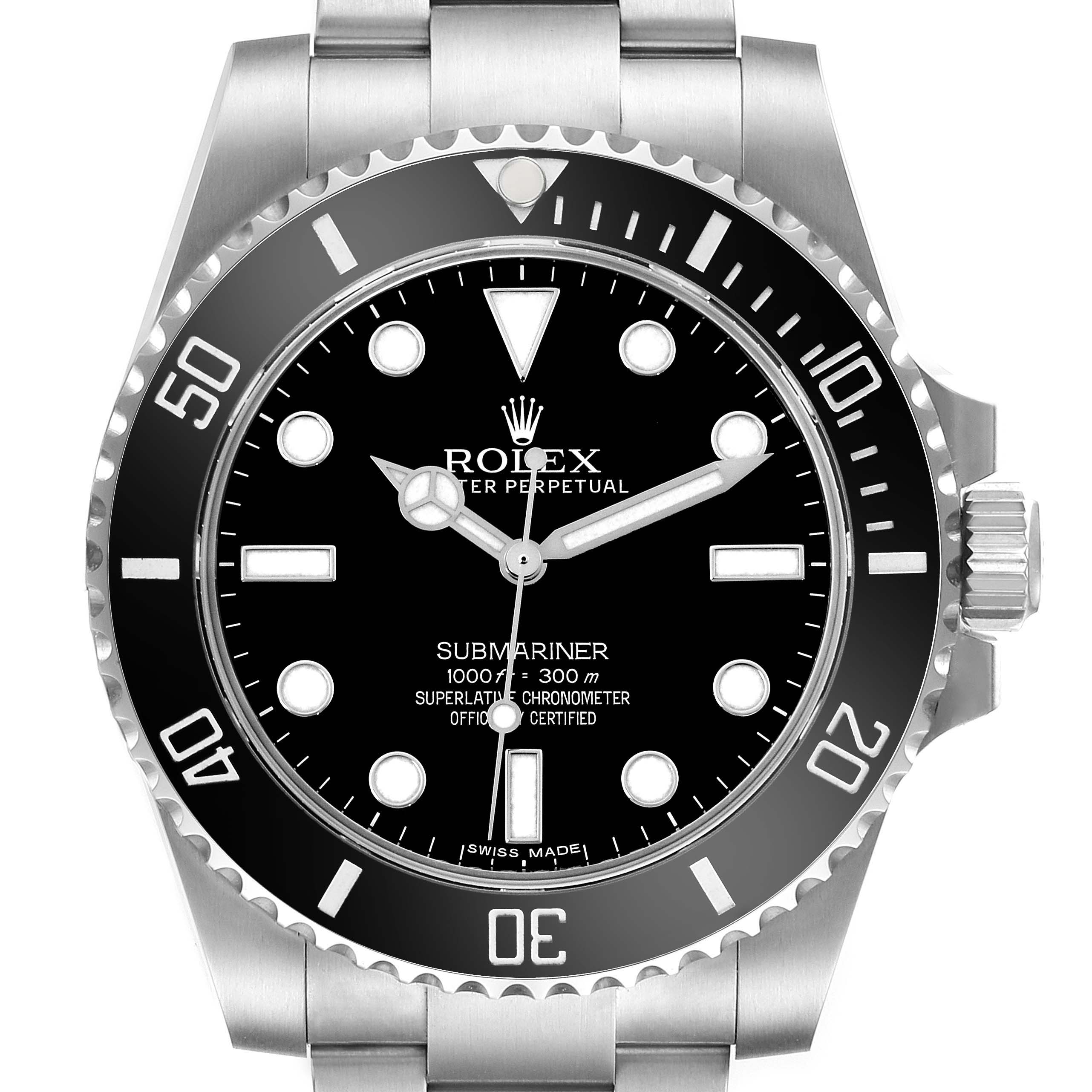 The image shows a front view of the Rolex Submariner 114060 Men
s Stainless Steel Black Dial 114060 Men
s Stainless Steel Black Dial, highlighting the dial, bezel, and part of the bracelet.