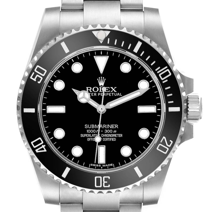 The image shows a front view of the Rolex Submariner, highlighting the dial, bezel, and part of the bracelet.